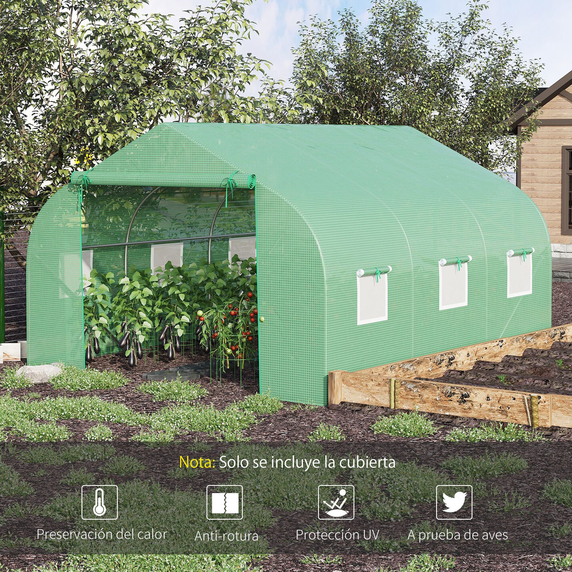 Outsunny Cubierta de Repuesto Invernadero de T&uacute;nel 347x300x200 cm Polietileno con 7 Ventanas de Malla Transpirable y Puerta Enrollable Protecci&oacute;n de Plantas para Jard&iacute;n Verde, , large Imagen numero 4