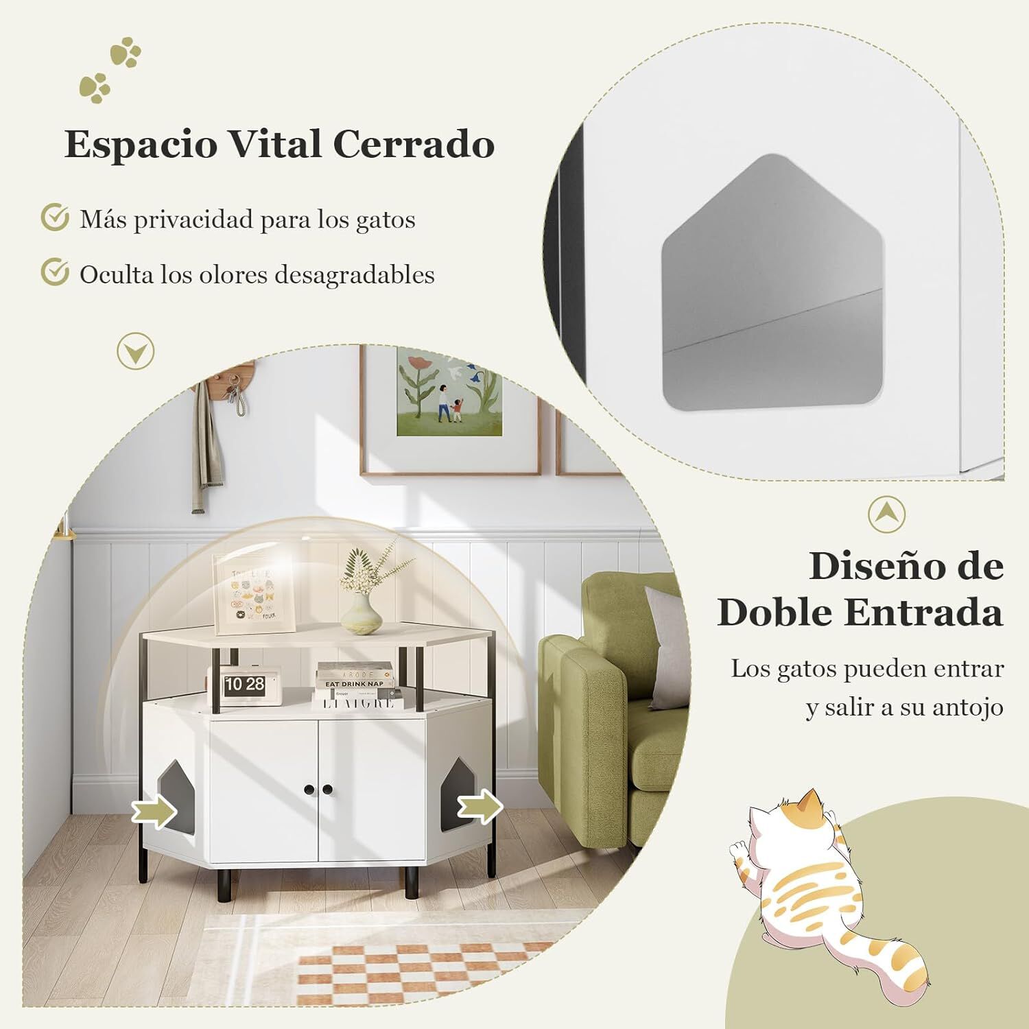 COSTWAY Mueble Arenero para Gatos, Casa Esquinera para Gatos de Madera con Estante Abierto, 2 Puertas, 2 Entradas y Patas de Metal, Casa de Ba&ntilde;o para Mascota, 105 x 50 x 73 cm (Blanco), , large Imagen numero 4