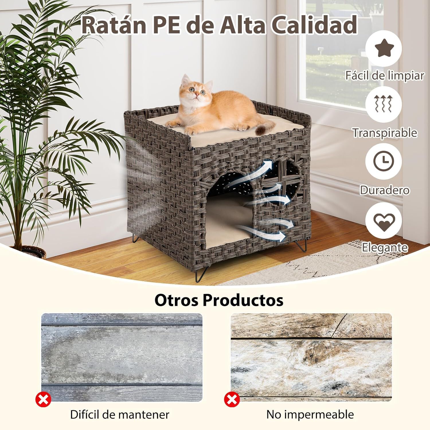 COSTWAY Casa Plegable de 2 Niveles para Gatos, Condominio de Rat&aacute;n con Percha Elevada, Cueva para Esconderse, Cojines Extra&iacute;bles, Mueble para Mascotas de Interior y Exterior, Mesita Auxiliar, , large Imagen numero 5