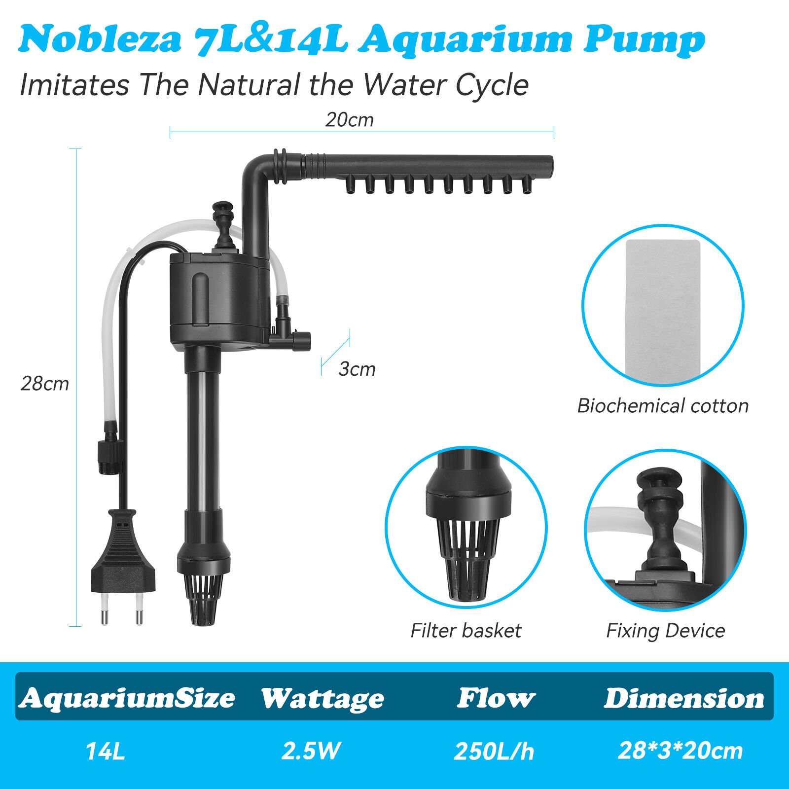 Nobleza - Bomba para Acuario de 14L, Bombas de Agua Sumergible(250 L/H, 2.5 W), Bomba con Oxigenaci&oacute;n, , large Imagen numero 4
