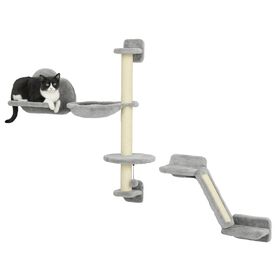 PawHut Juego de Pared de Escalada para Gatos de 3 Piezas, Estanter&iacute;as de Pared para Gatos con Hamaca, Rampa con Rascador, Plataforma en Forma de Nube para Saltar, Gris