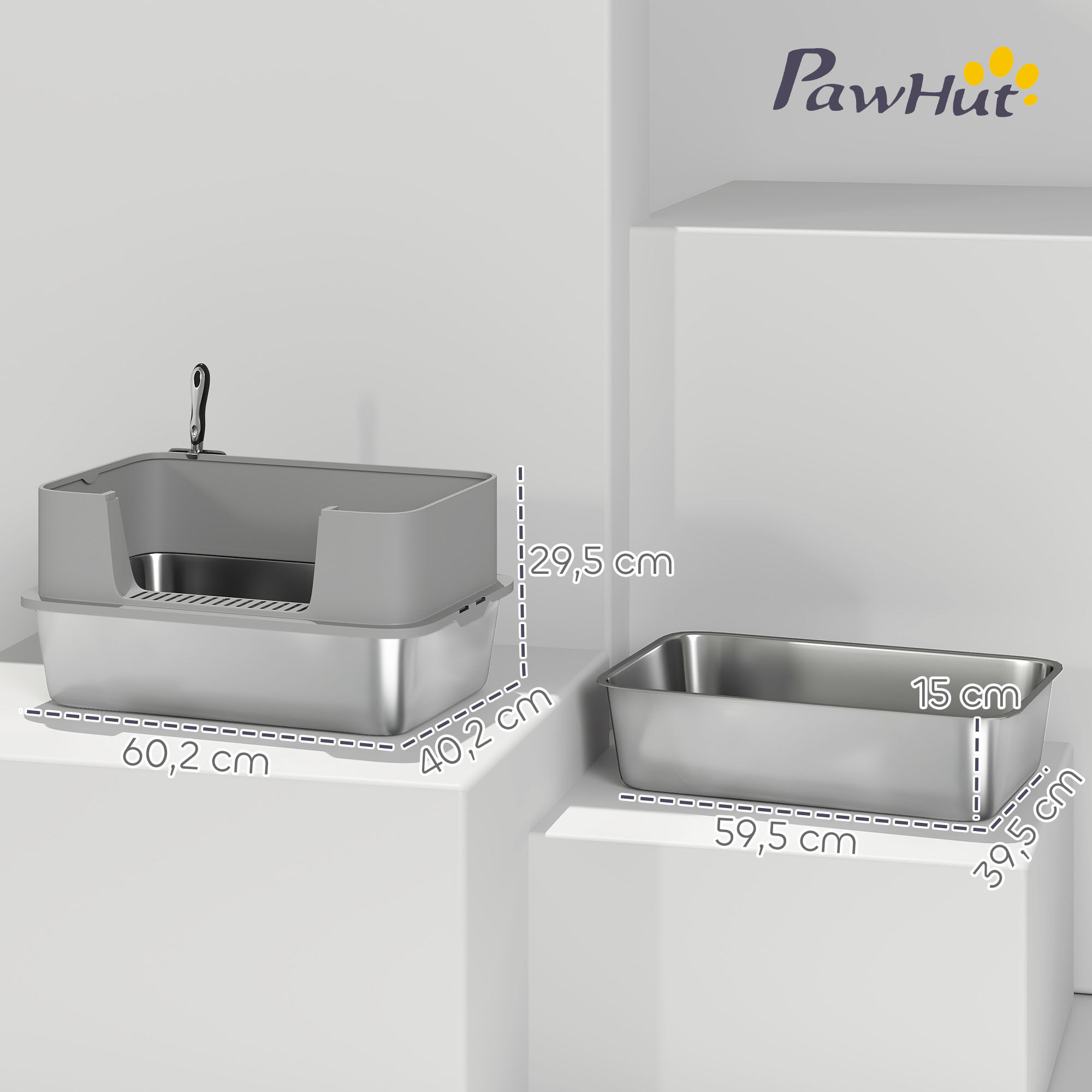 PawHut Arenero para Gatos de Acero Inoxidable XL Caja de Arena para Gatos Arenero con Borde Alto Pala F&aacute;cil de Limpiar Prueba de Fugas 60x40x29,5 cm Gris, , large Imagen numero 3