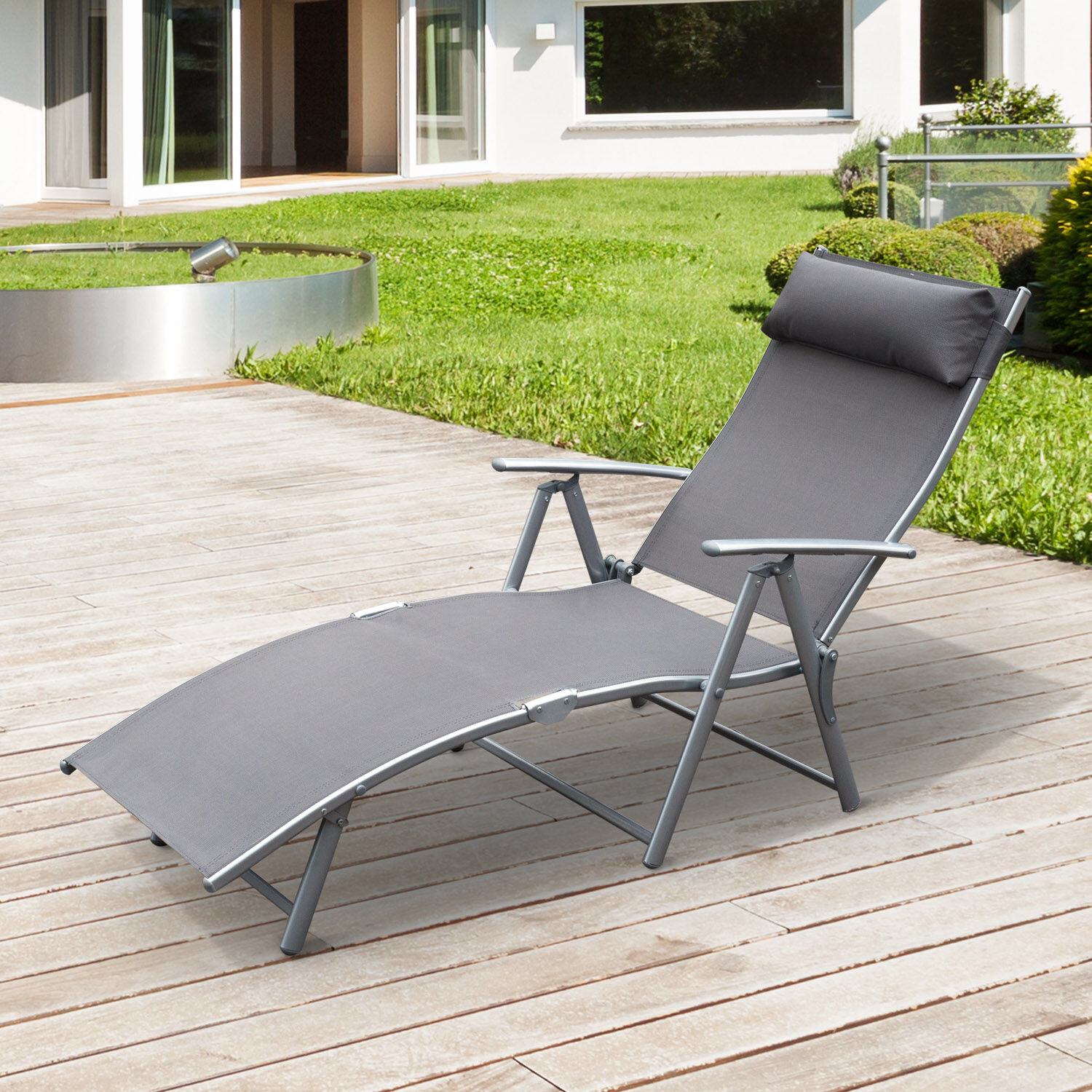 Outsunny Tumbona Plegable Tumbona de Jard&iacute;n con Respaldo Ajustable en 7 Niveles Almohada y Reposabrazos Carga 165 kg para Piscina Terraza Camping 137x63,5x100,5 cm Gris, , large Imagen numero 2