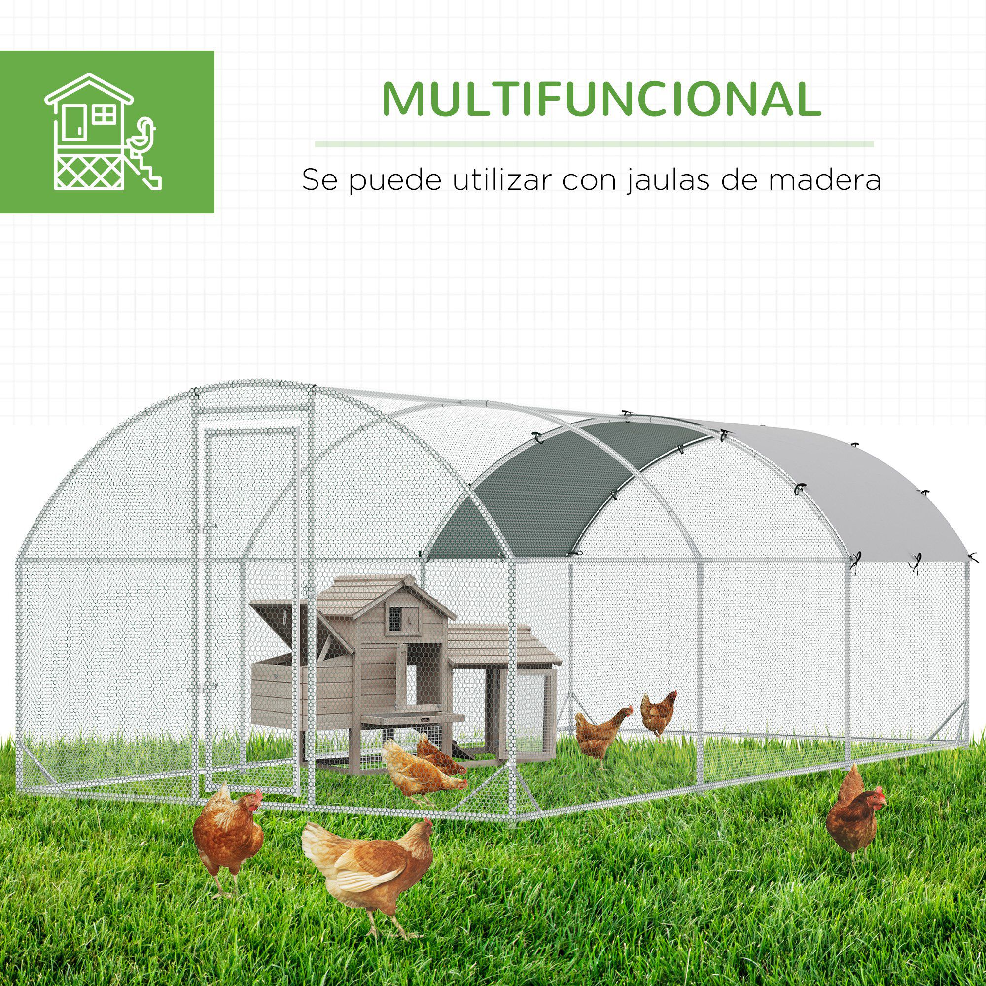 PawHut Gallinero para Exterior Grande Jaula de Acero Galvanizado con Techo de Tela Oxford Corral y Cerradura para 12-18 Gallinas Conejos Aves 5,7x2,8x1,97 m Plata, , large Imagen numero 5