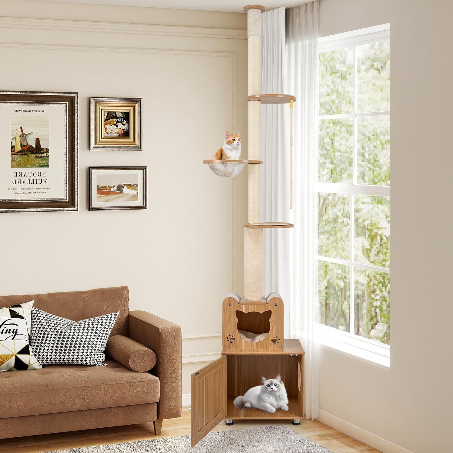 COSTWAY &Aacute;rbol de Gato de Piso a Techo para Gatos de Interior, 256-275 cm Altura Ajustable, Torre Rascador Gato con Caja de Arena, C&aacute;psula Espacial, Condominio, Postes de Sisal, Plataformas Multinivel, , large Imagen numero 2