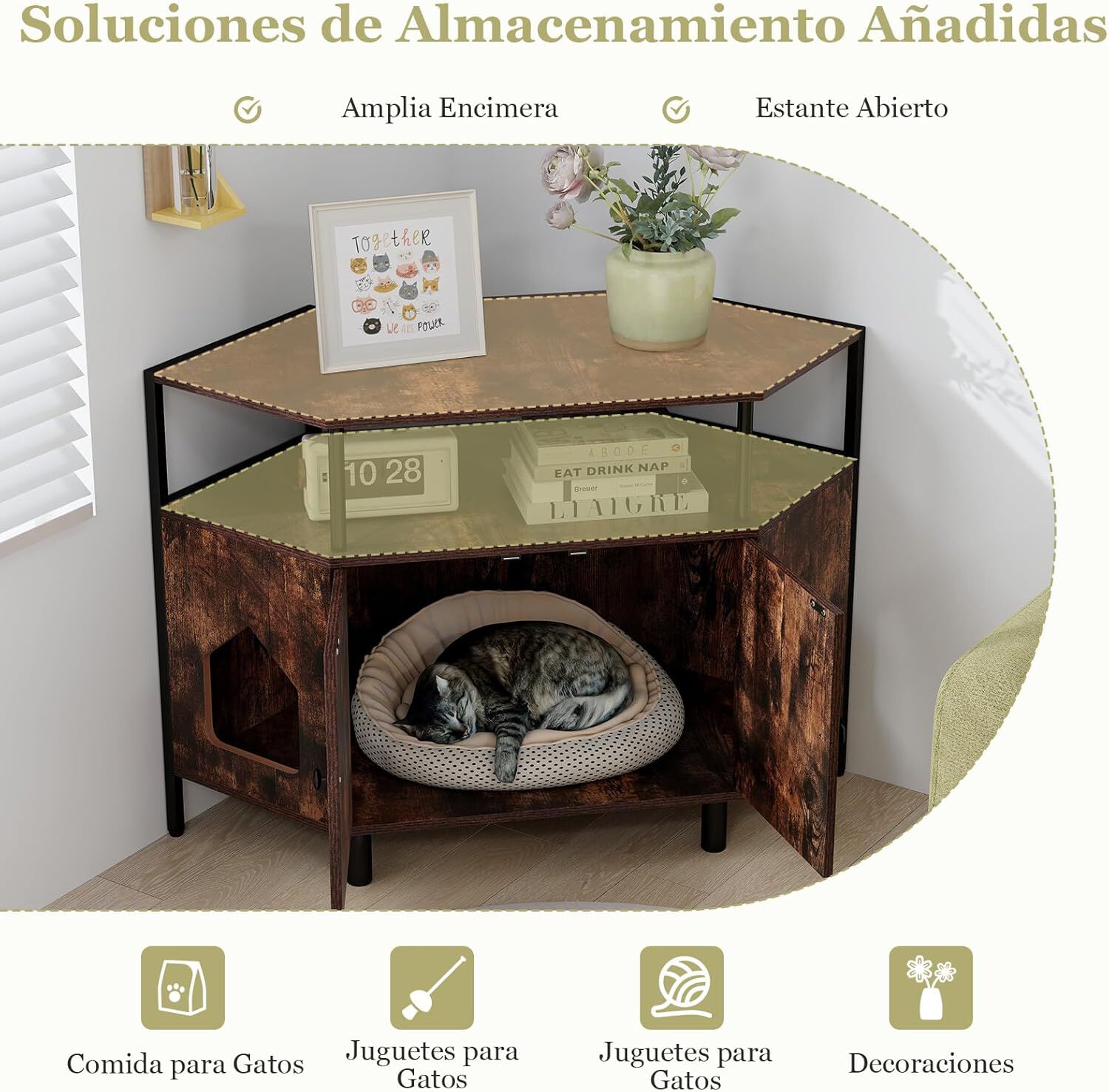 COSTWAY Mueble Arenero para Gatos, Casa Esquinera para Gatos de Madera con Estante Abierto, 2 Puertas, 2 Entradas y Patas de Metal, Casa de Ba&ntilde;o para Mascota, 105 x 50 x 73 cm (Marr&oacute;n), , large Imagen numero 4