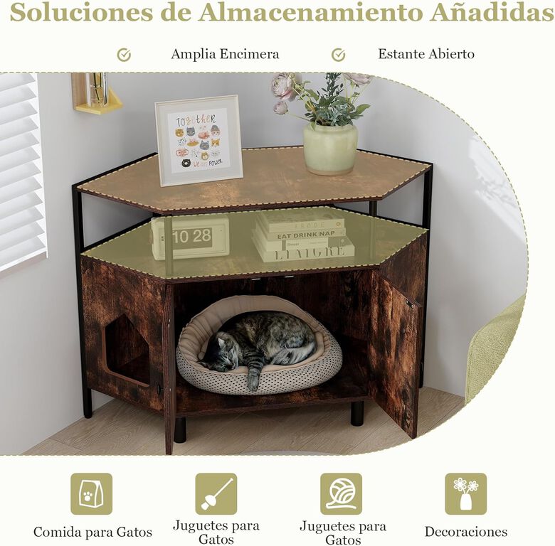 COSTWAY Mueble Arenero Esquinero de Madera con Estante Abierto y 2 Puertas para gatos thumbnail