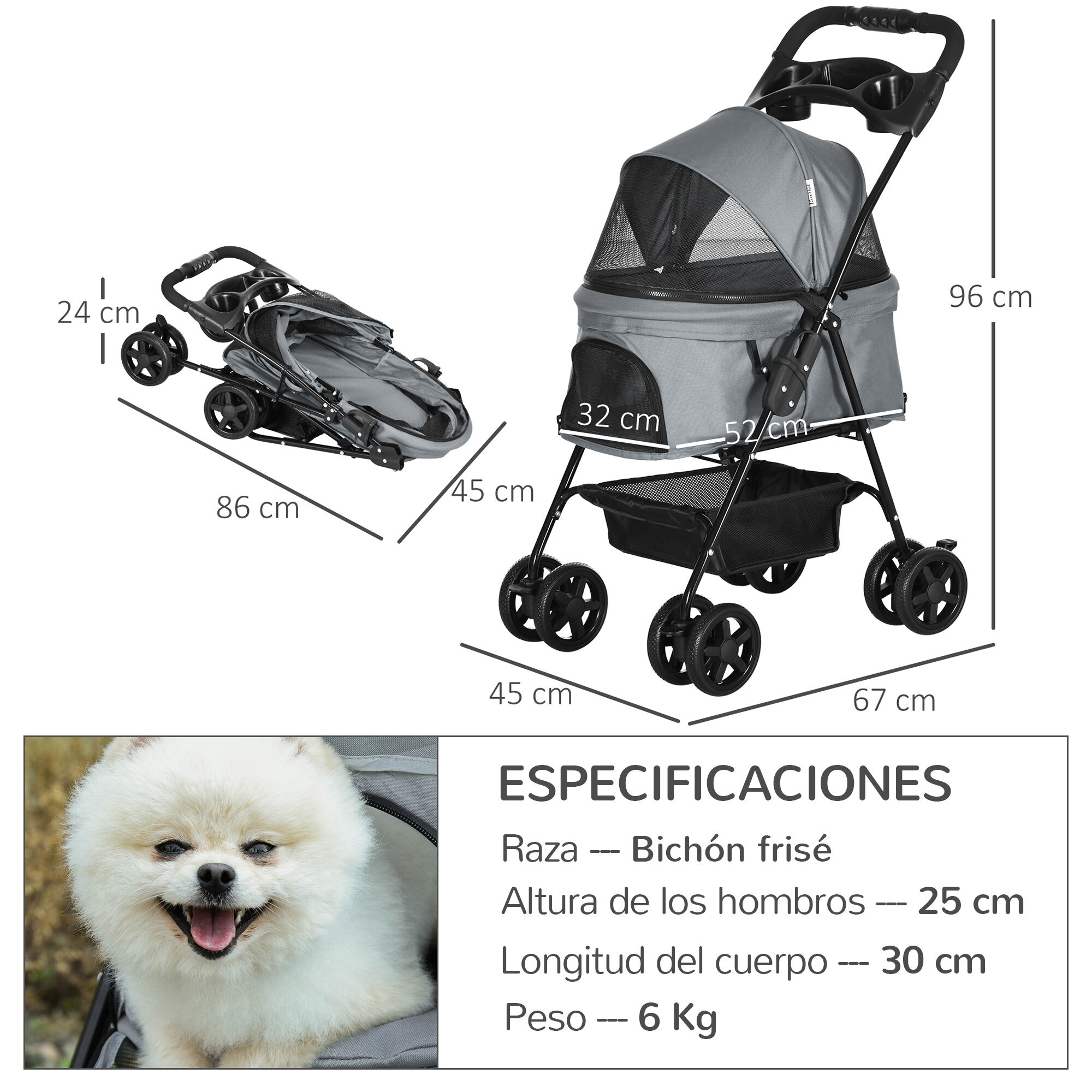 PawHut Cochecito para Mascotas Plegable y Desmontable, , large Imagen numero 3