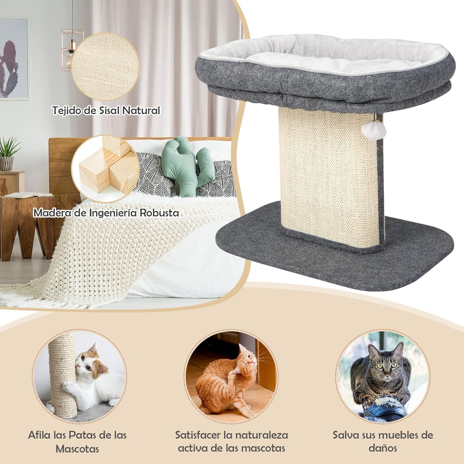 COSTWAY &Aacute;rbol Rascador para Gatos Peque&ntilde;o, Altura 50 cm, Torre de Actividades para Gatos con Soporte de Peluche y Poste Rascador de Sisal, Bola, Muebles para Gatos para Jugar y Descansar (Gris), , large Imagen numero 3