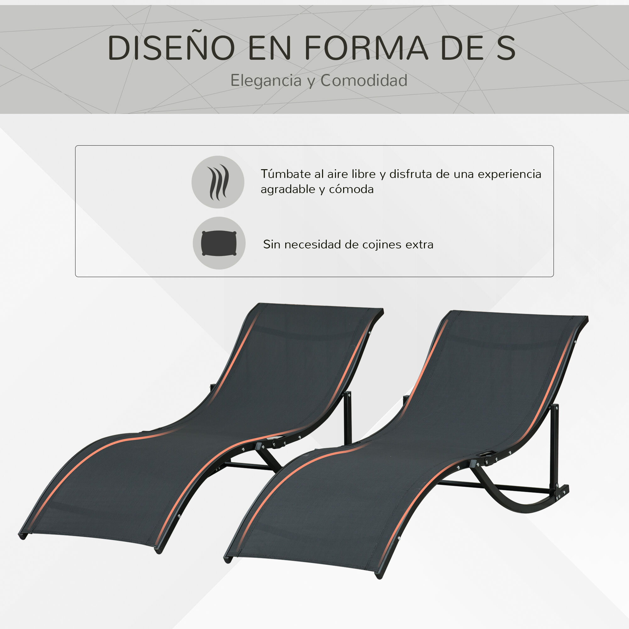 Outsunny 2 Tumbonas Plegables de Aluminio en Forma de S Ergon&oacute;mica con Tela Texteline para Piscina Patio Jard&iacute;n Terraza 165x61x63 cm Negro, , large Imagen numero 5
