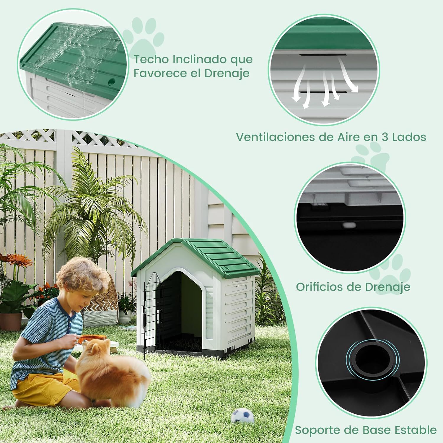 COSTWAY Caseta de Pl&aacute;stico para Perros, Refugio para Mascotas Impermeable con Puerta Met&aacute;lica con Cerradura, Techo Inclinado y Rejillas de Ventilaci&oacute;n, Caseta Perro para Interior y Exterior (Verde), , large Imagen numero 4