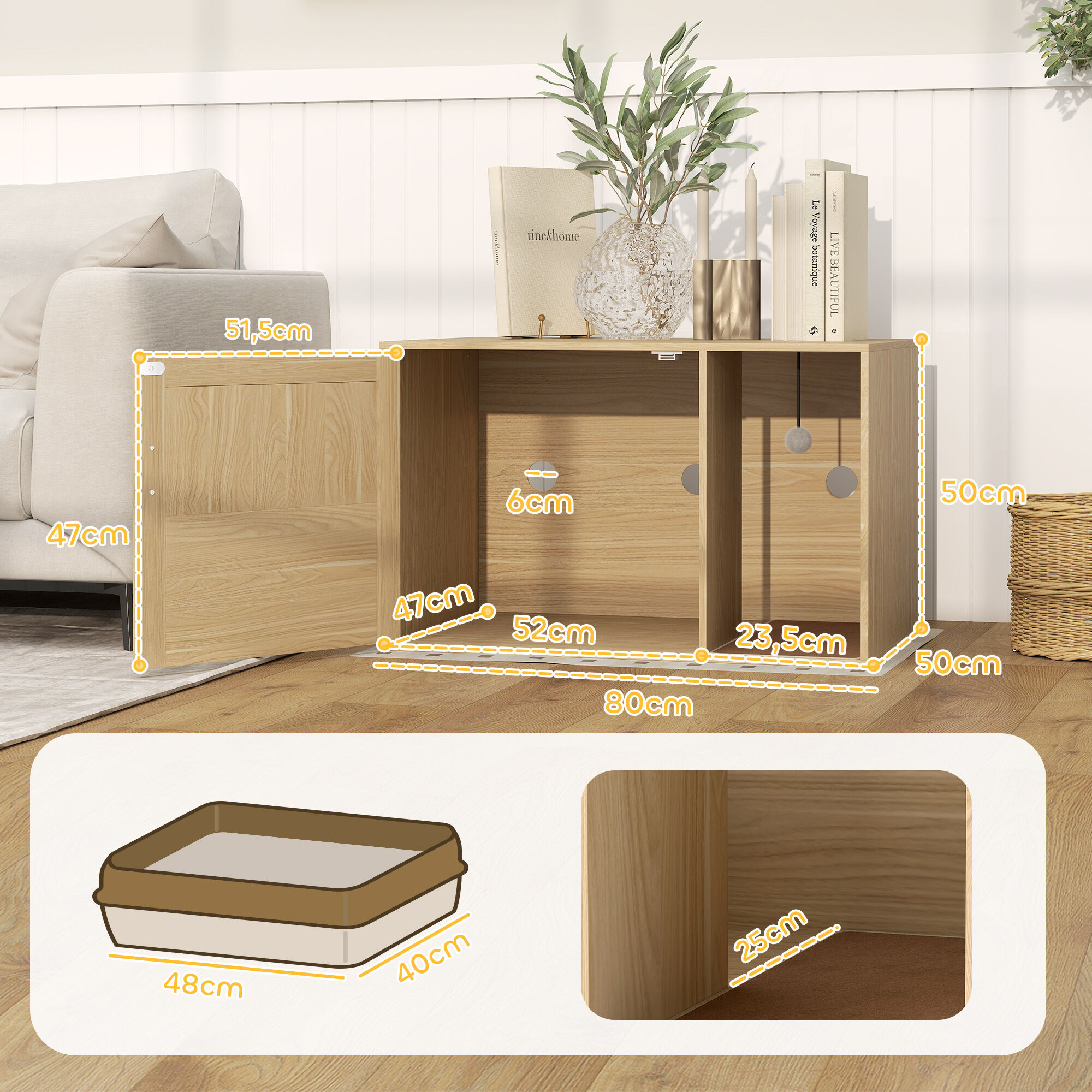 PawHut Mueble Arenero para Gatos, Caja de Arena para Gatos con Almohadilla para Rascar y Puerta de Ratán, Mesa Auxiliar para Salón, Dormitorio, 80x50x50 cm, Roble thumbnail