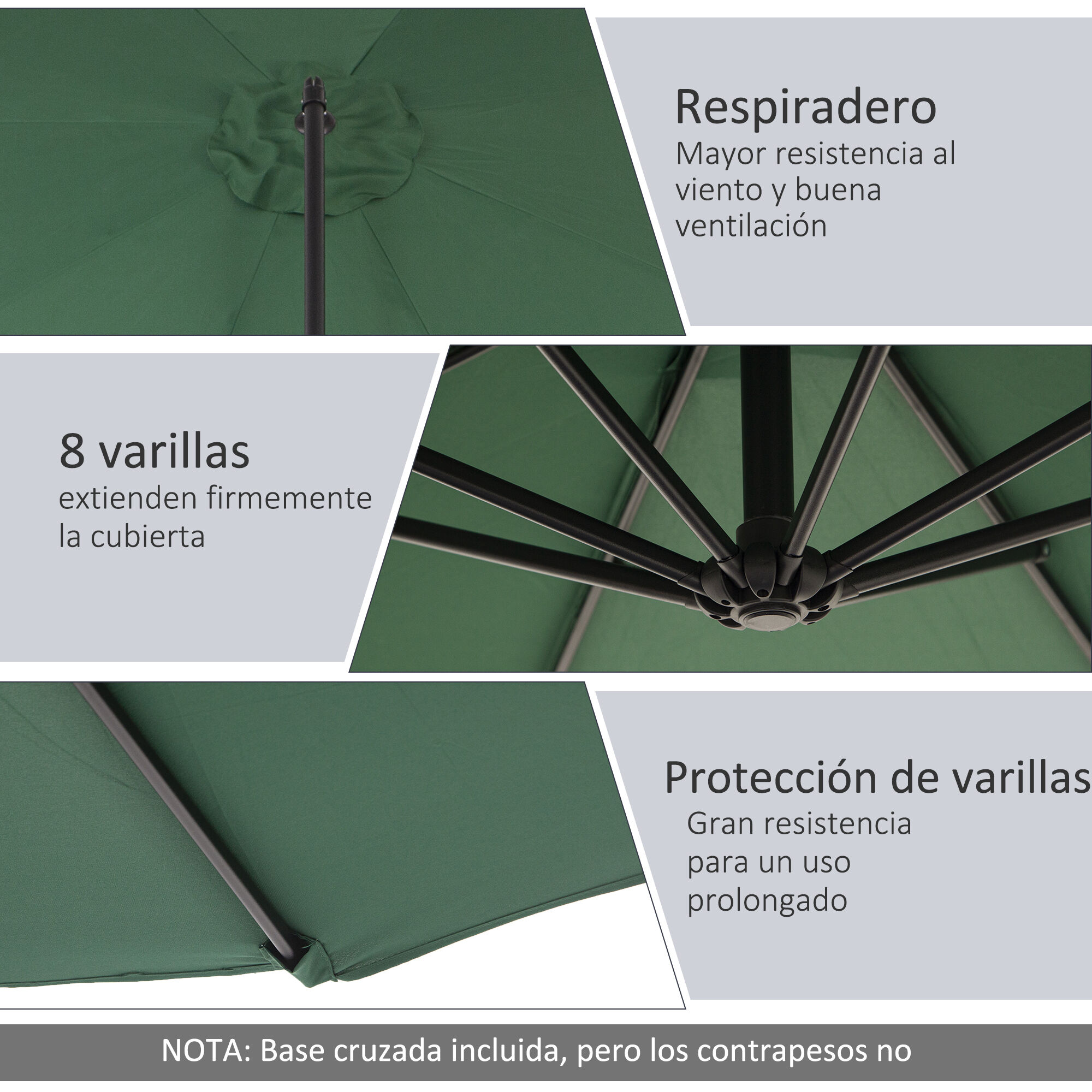 Outsunny Sombrilla de Jard&iacute;n &Oslash;300x250 cm Parasol Exc&eacute;ntrico Inclinable con Manivela Base Cruzada y Soporte de Acero Protecci&oacute;n Solar para Terraza Exterior Verde, , large Imagen numero 5