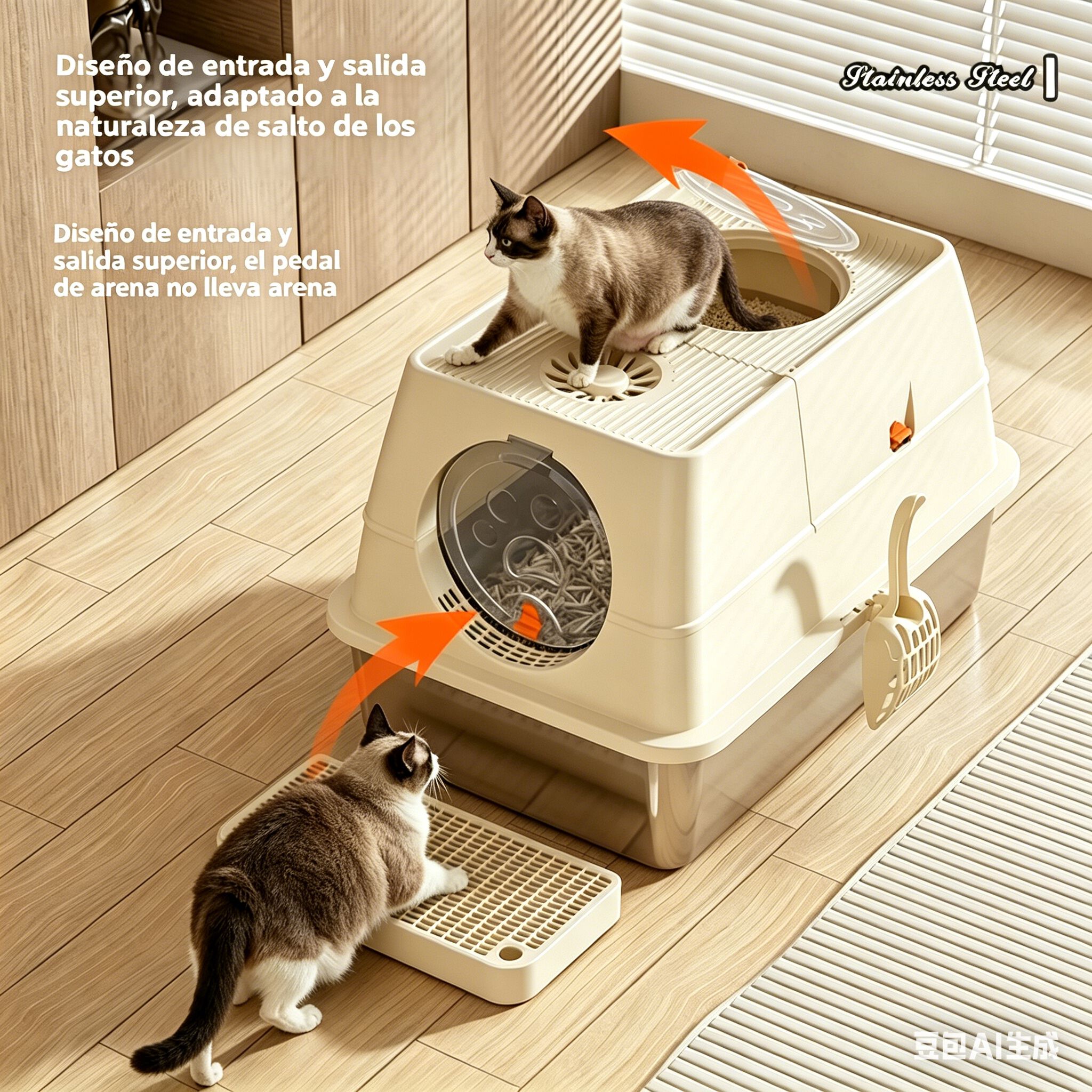 FreshPaw Bandeja Gato Acero Inoxidable XXL, Tapa Abatible, Antiodor + 2 Bolsas Fukumaru, , large Imagen numero 4