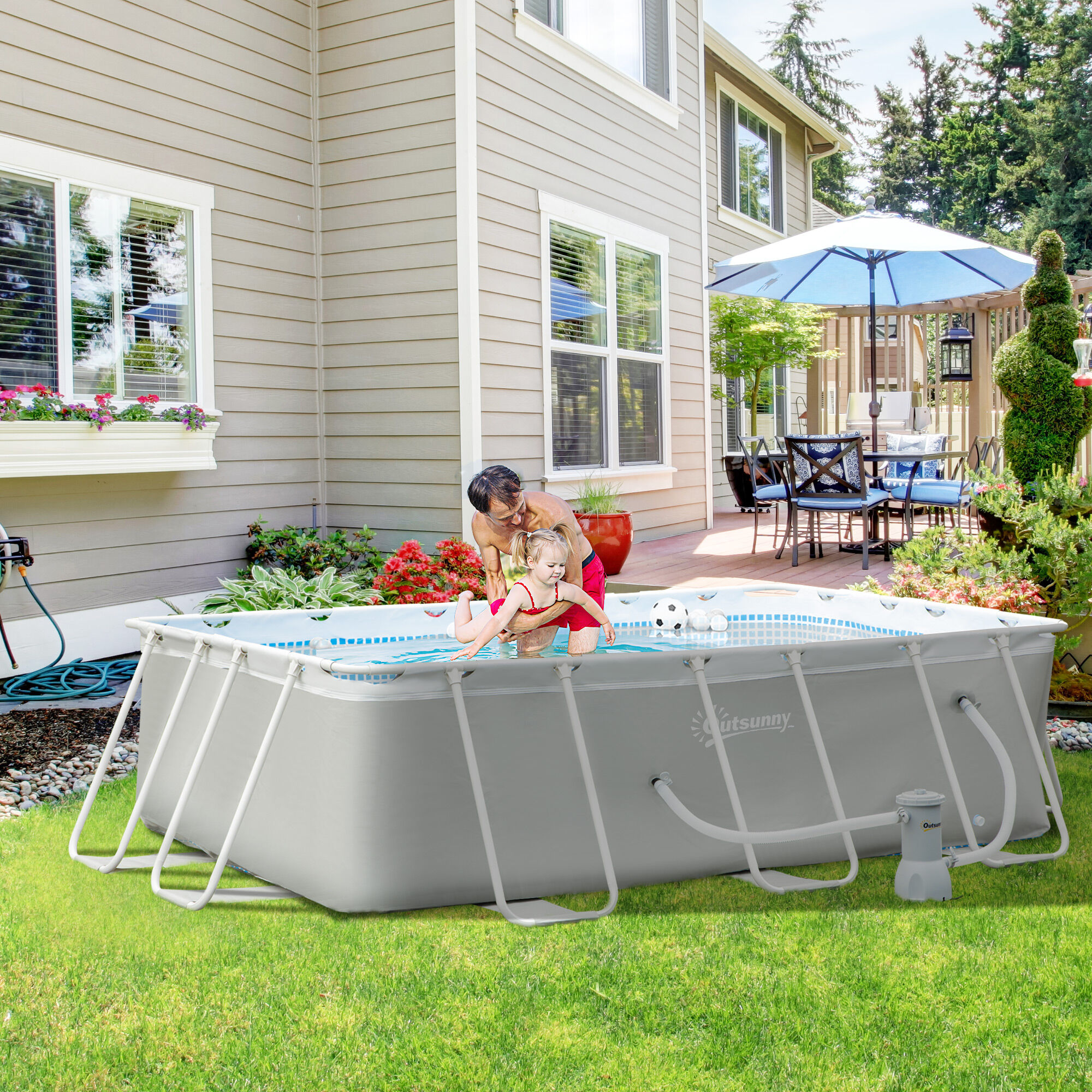 Outsunny Piscina Desmontable Tubular 340x215x80 cm Piscina Rectangular de Exterior con Depuradora de Cartucho 4.000 L/H Mangueras Longitud 100 cm y Marco de Acero 4200 L Gris, , large Imagen numero 2