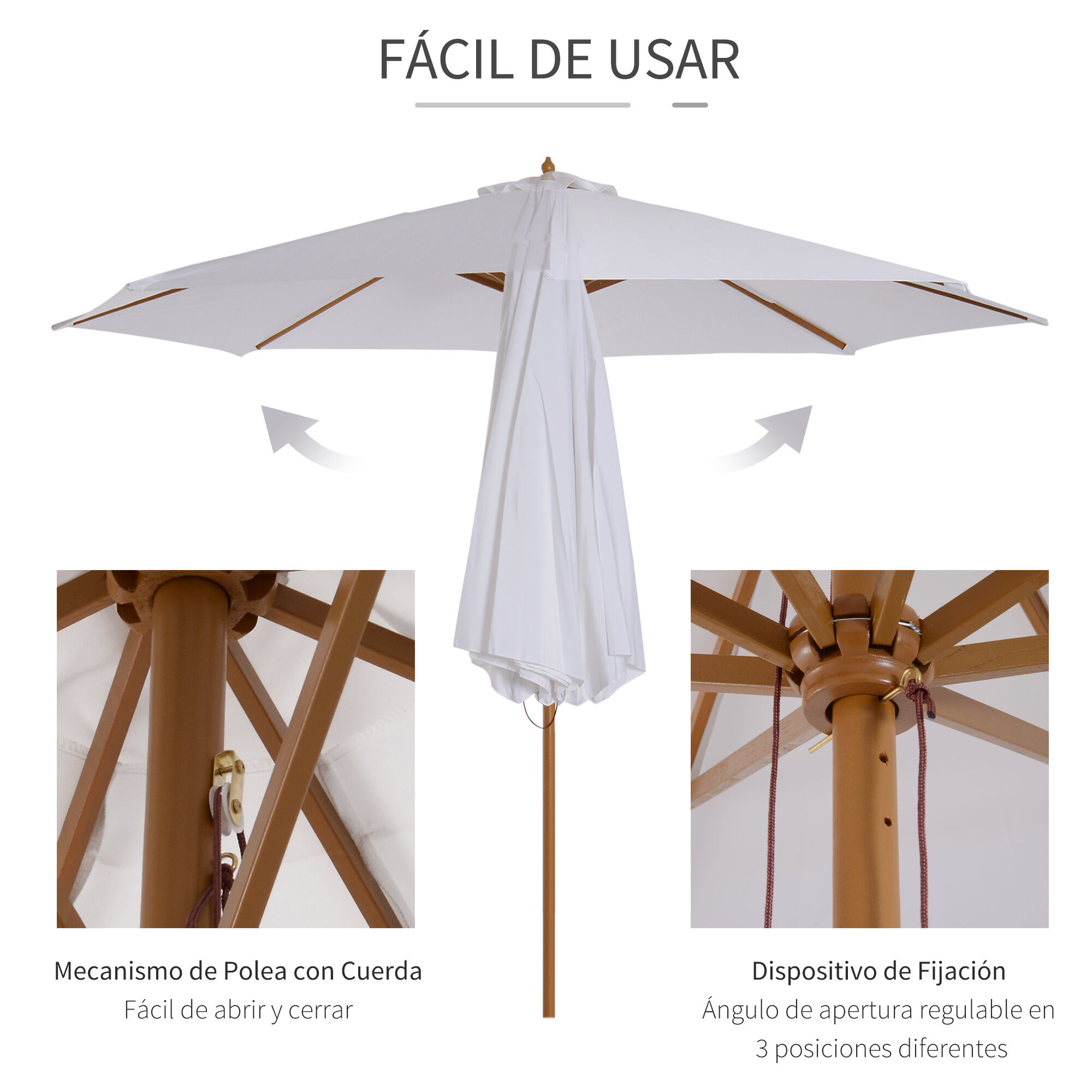 Outsunny Sombrilla Parasol de Jard&iacute;n &Oslash;300x250 cm con Sistema de Pestillo de Fijaci&oacute;n Techo Ventilado y Poste Desmontable de Madera para Terraza Patio Exterior Blanco, , large Imagen numero 4