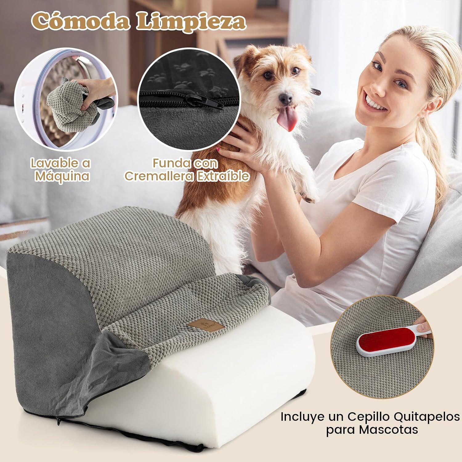 COSTWAY Escalera para Perros, Escalera para Mascotas de 2 Niveles (Gris), con Funda Lavable, Base Antideslizante, Pasos para Perros en Pendiente para Sof&aacute;, Cama o Sof&aacute;, Escalera Suave para Mascotas, , large Imagen numero 5