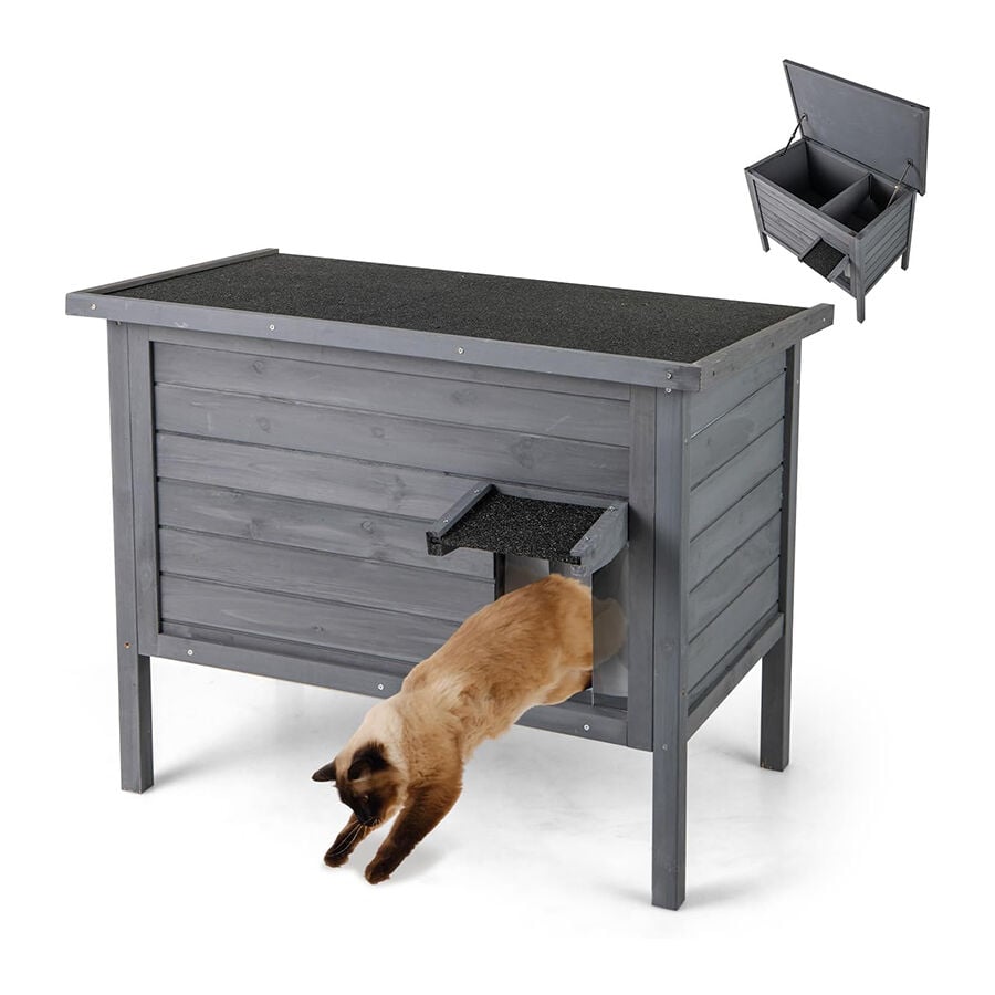 COSTWAY Casa para Gatos Aislada Exterior, Casa para Gatos de Madera con 2 Habitaciones, Divisor Removible, Techo Abatible, Puerta PVC, Recinto Elevado, Ideal para Invierno y Gatos Salvajes (Gris)