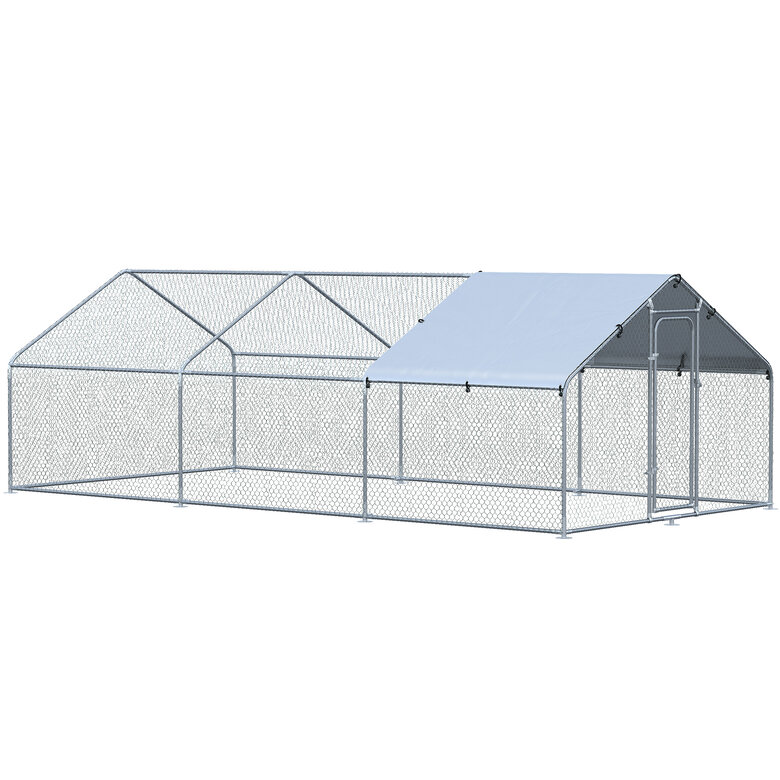 PawHut Gallinero Exterior Grande de Metal Galvanizado 3,03x6x1,95 m Jaula de  Aves de 3 Habitaciones Cubierta de Tela Oxford Resistente a los Rayos UV y  al Agua para Patio Plata