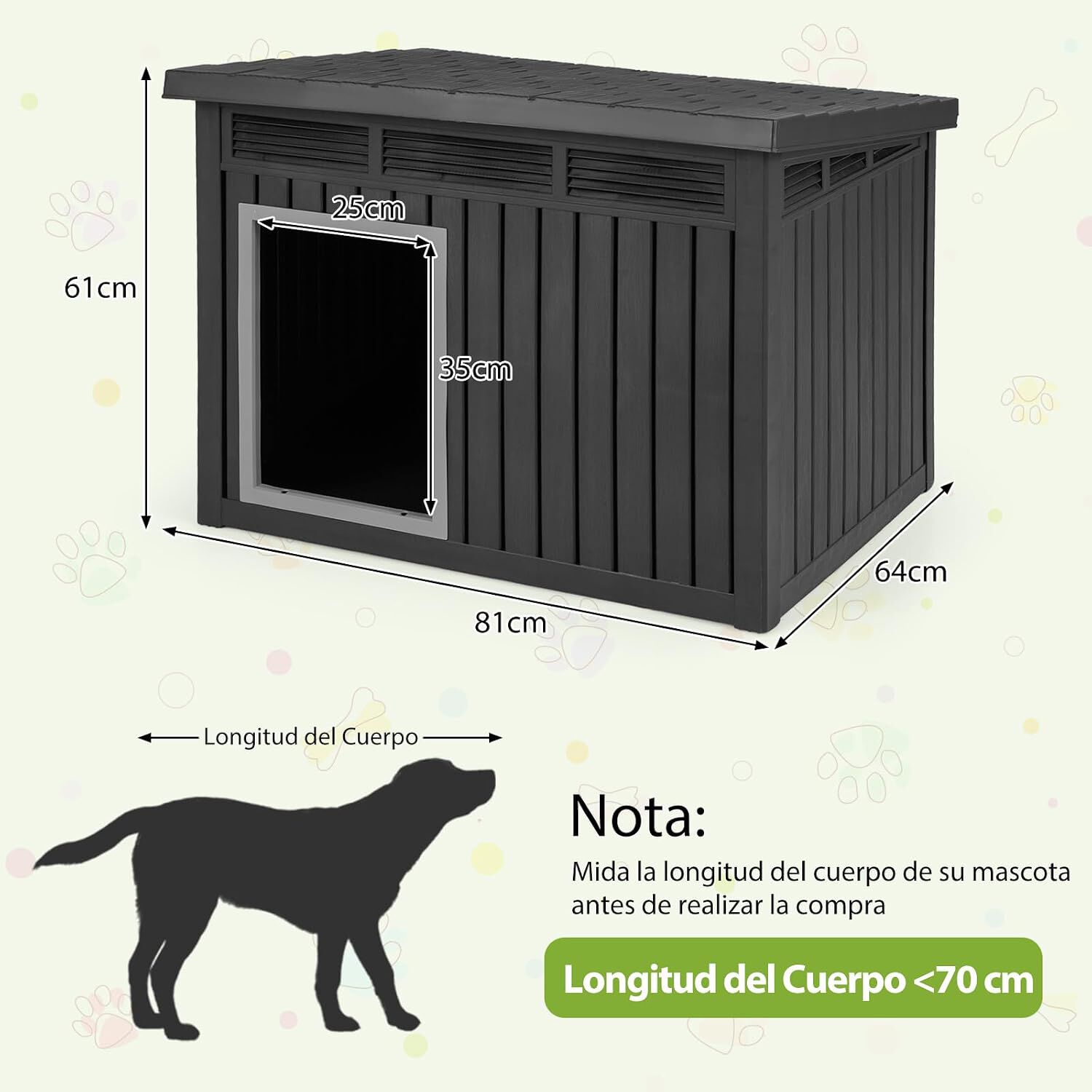 COSTWAY Caseta para Perros Exterior, Casa para Perros de Pl&aacute;stico con Puerta, Techo Inclinado Abatible, Rejillas de Ventilaci&oacute;n, Mueble Perrera para Mascotas, 81 x 64 x 61 cm, Negro, , large Imagen numero 5