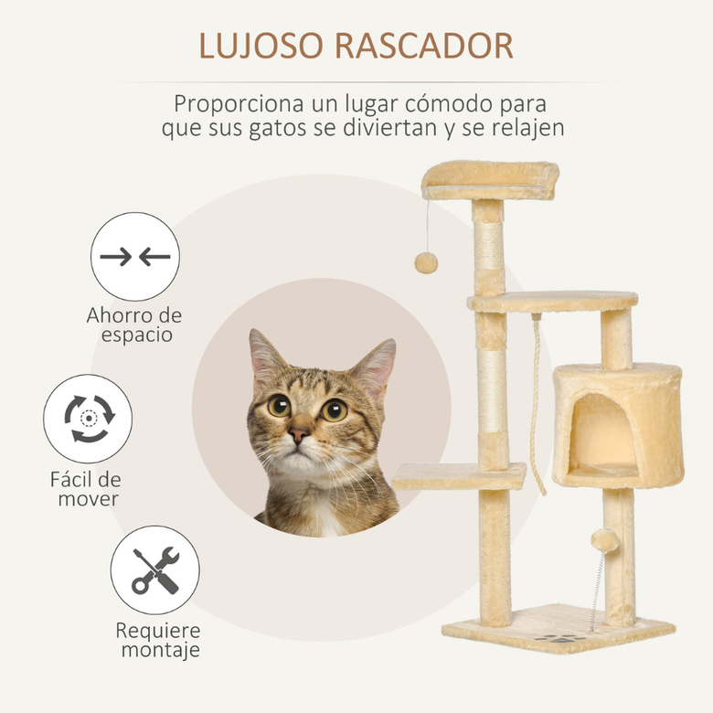 Pawhut árbol rascador con plataforma casetas y bolas de juego beige para gatos thumbnail