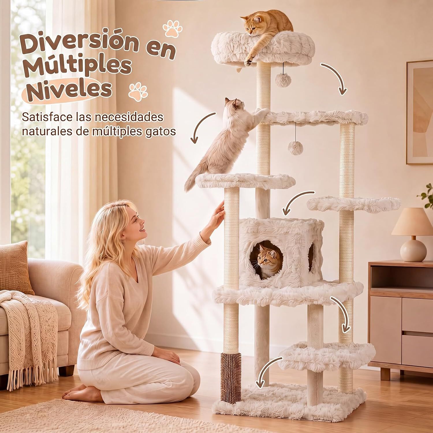 COSTWAY 170 cm &Aacute;rbol para Gatos de 7 Niveles con Casita, Torre de Juego para Gatos con 6 Plataformas, Cepillo, Postes de Sisal, Bolas Colgantes, Centro de Actividad para Mascotas, Beige, , large Imagen numero 4
