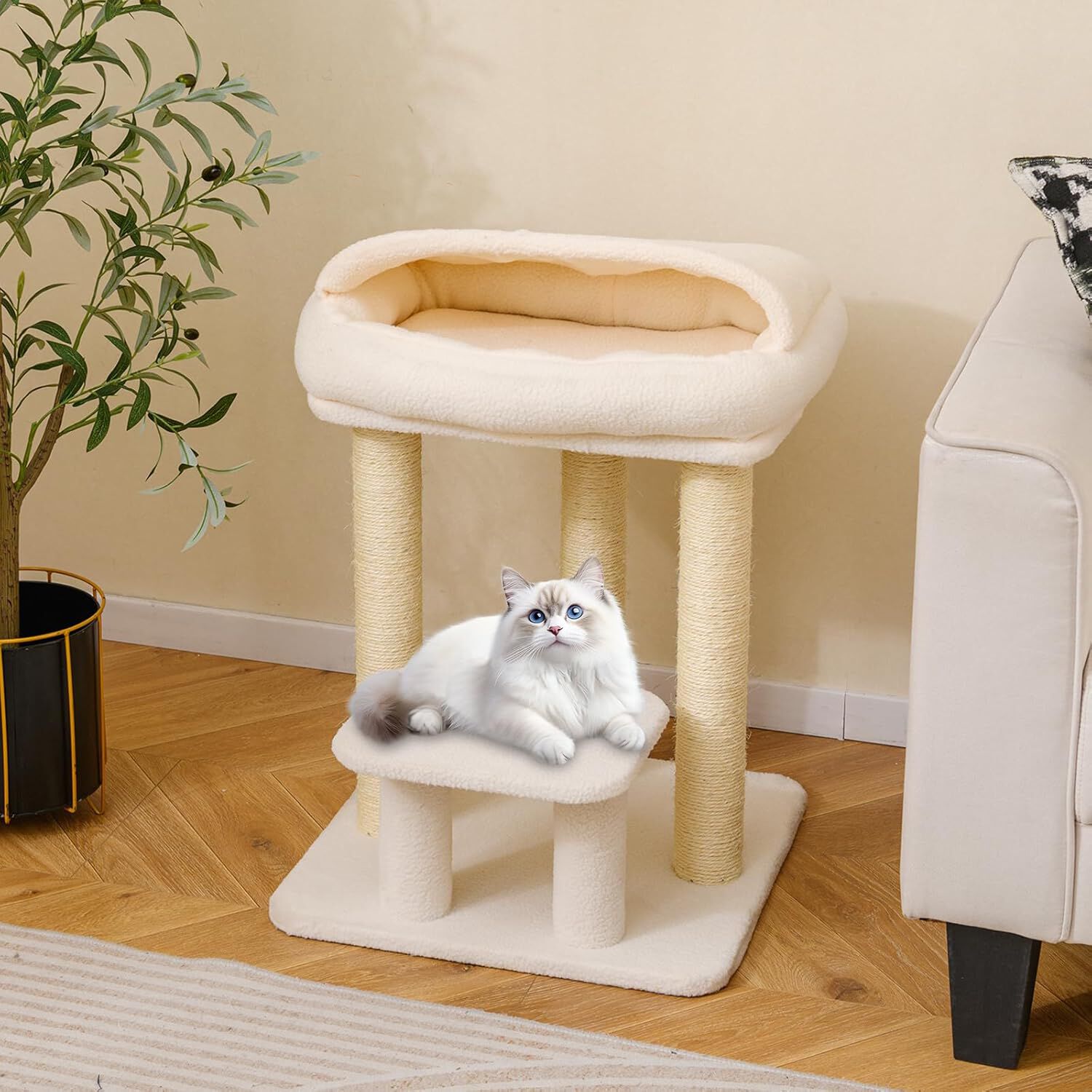 COSTWAY &Aacute;rbol Rascador para Gatos, 61 cm Torre para Gato con C&oacute;moda Cama y Manta de Peluche, 3 Postes Rascador de Sisal, Plataforma Acolchada, &Aacute;rbol Gatos Peque&ntilde;o, Ahorrar Espacio, Blanco, , large Imagen numero 2