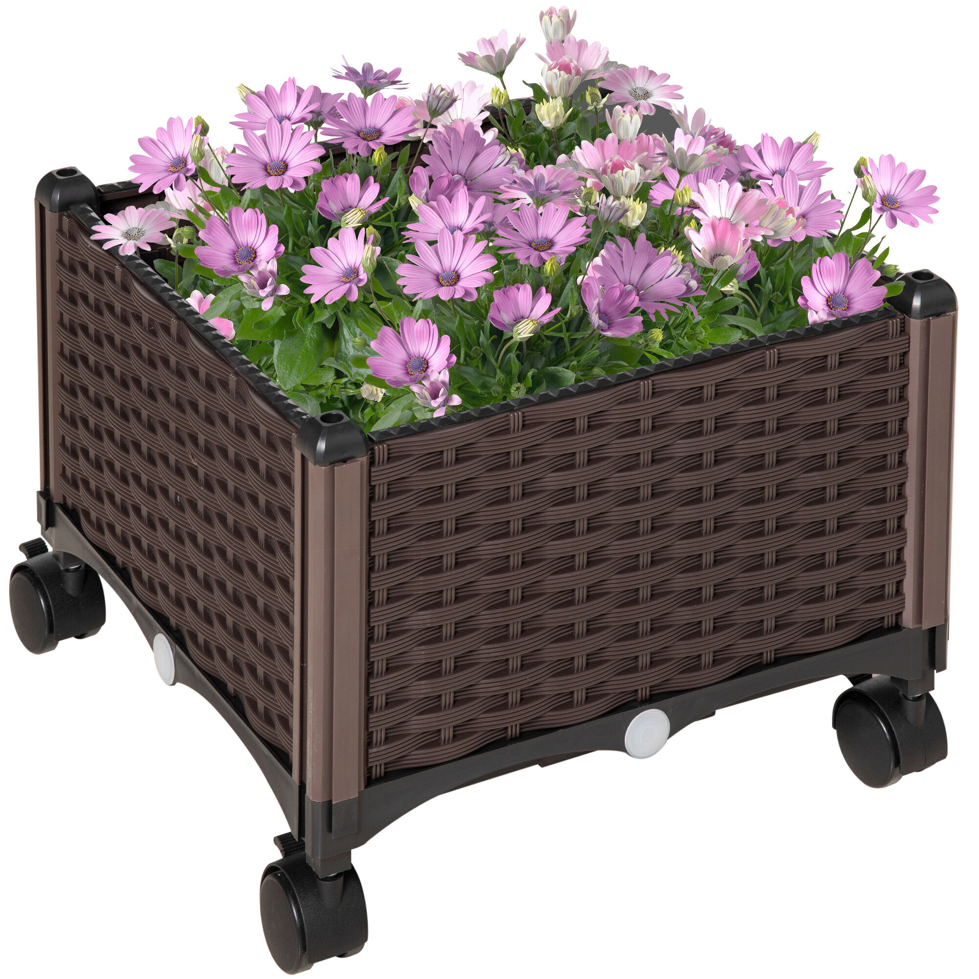 Outsunny Jardinera de Pl&aacute;stico Curdrada con 4 Ruedas Macetero de Jard&iacute;n con Agujeros de Drenaje para Cultivo de Plantas en Exterior Patio Terraza 40x40x31,5 cm Marr&oacute;n, , large Imagen numero 1
