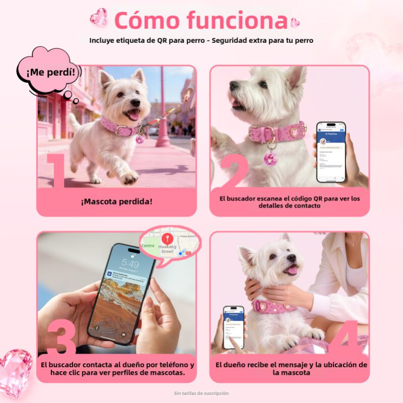 PawView Collar para Perro de Cuero Rosado con Cristales de Coraz&oacute;n y Placa de Identificaci&oacute;n QR Inteligente - Elegante, Seguro y Ajustable, , large Imagen numero 5