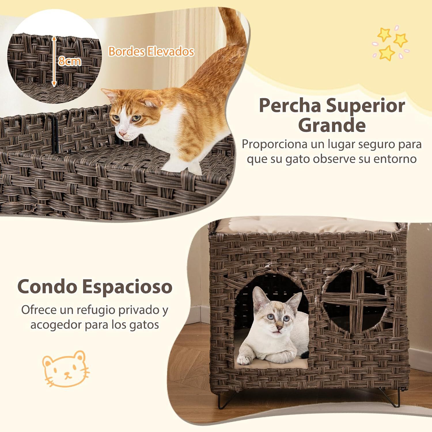 COSTWAY Casa Plegable de 2 Niveles para Gatos, Condominio de Rat&aacute;n con Percha Elevada, Cueva para Esconderse, Cojines Extra&iacute;bles, Mueble para Mascotas de Interior y Exterior, Mesita Auxiliar, , large Imagen numero 4