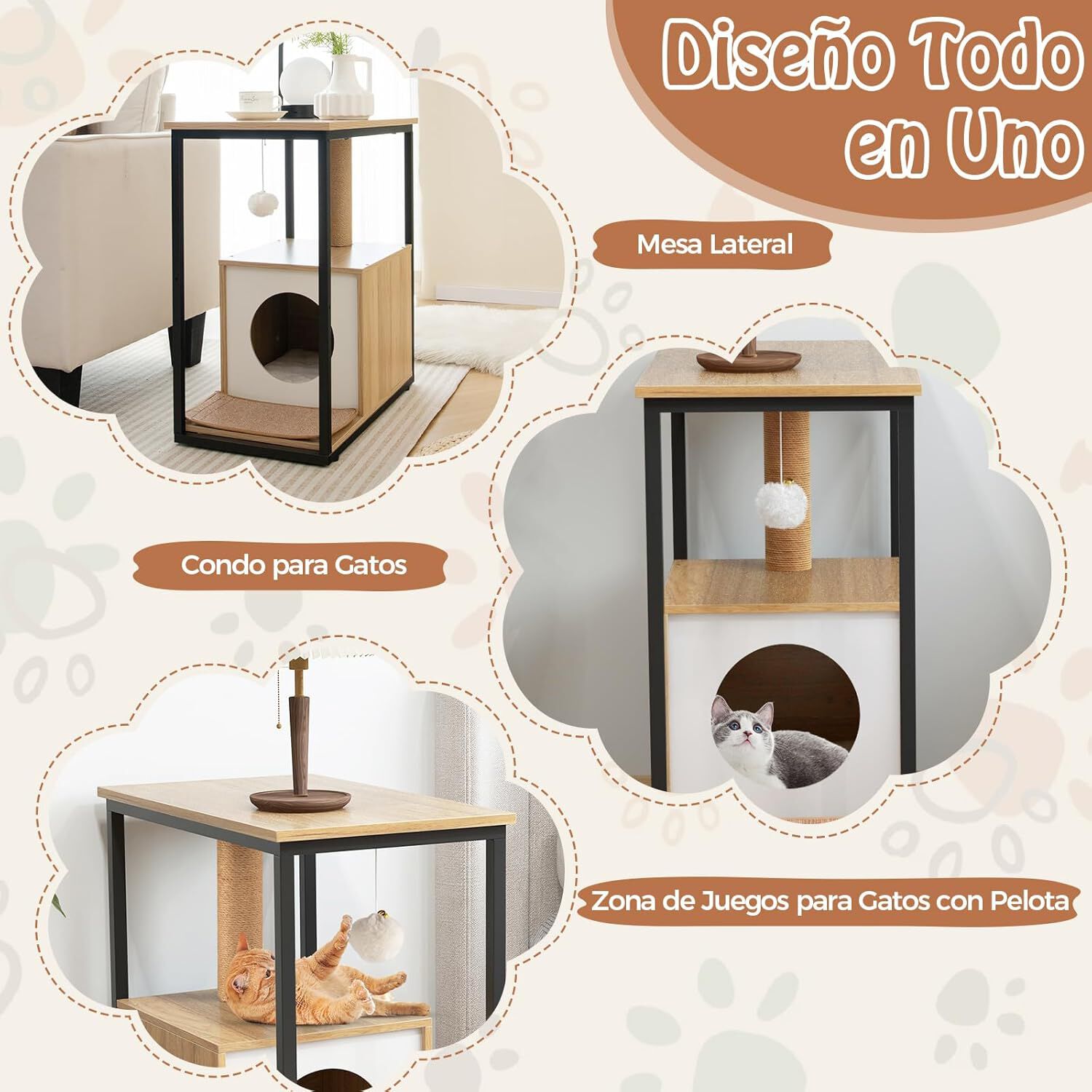 COSTWAY Mesa Auxiliar con Casa para Gatos, Tapete Rascador Extra&iacute;ble, Juguete de Bola Colgante, Dispositivo Antivuelco, para Sala, Dormitorio (Natural), , large Imagen numero 3