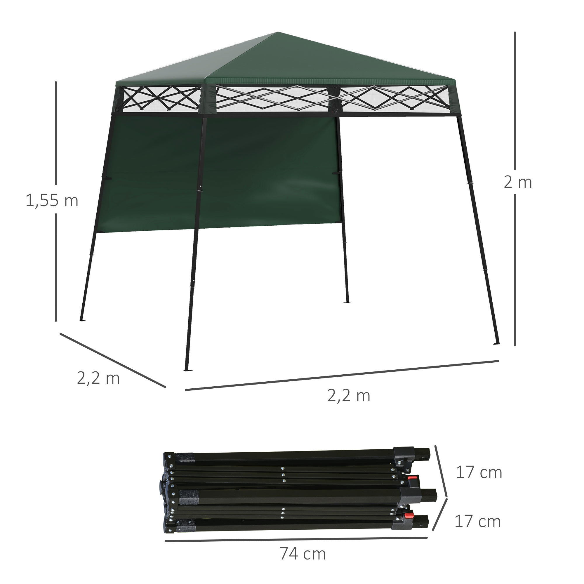 Outsunny Carpa Plegable 220x220x200 cm Cenador Plegable con 1 Pared Lateral Bolsa de Transporte Impermeable y Protecci&oacute;n UV50+ para Jard&iacute;n Patio Verde, , large Imagen numero 3