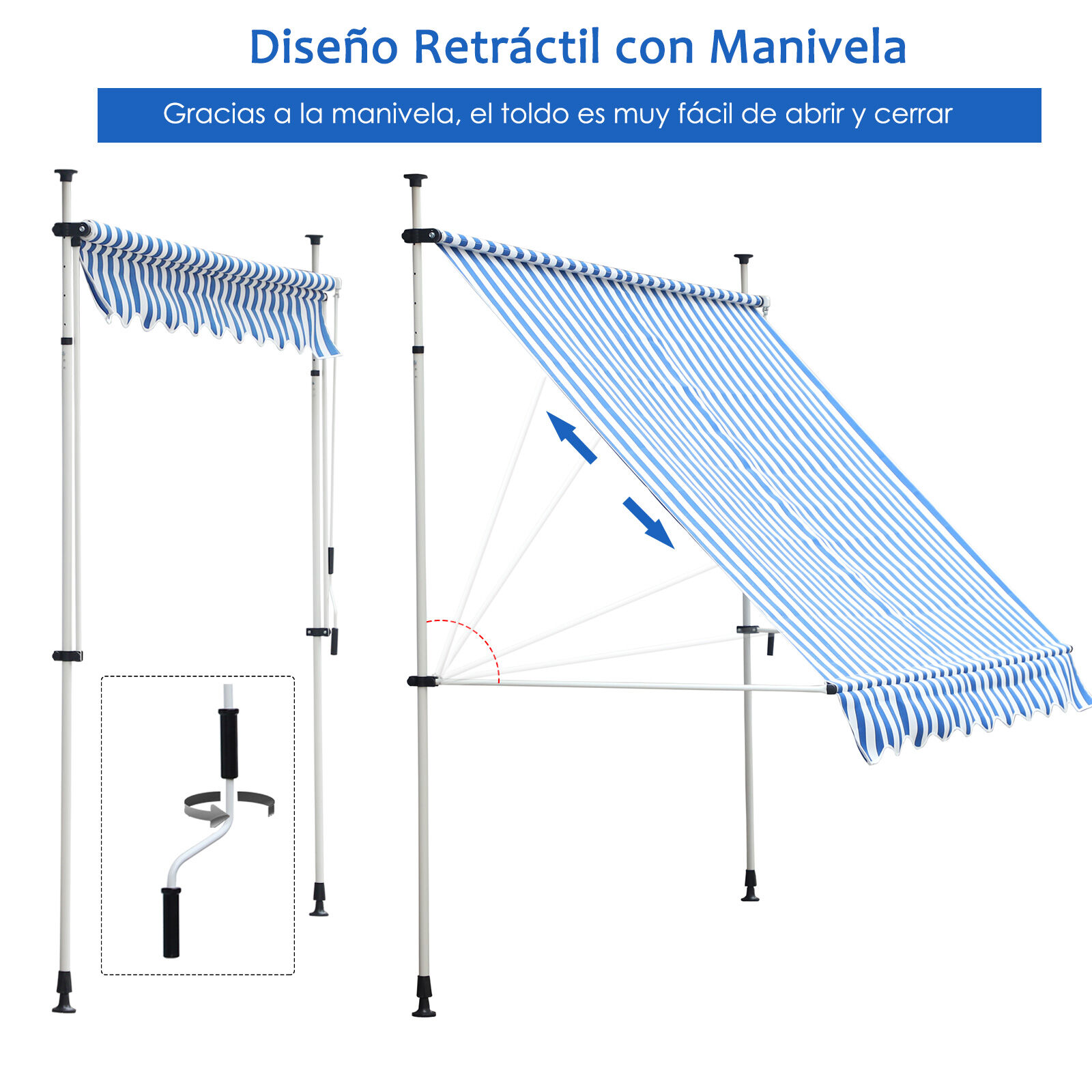 Toldo Plegable Ventana Exterior Montando en La Pared para Jard&iacute;n Patio Piscina Balc&oacute;n Extensible Altura Regulable en 4 Niveles con Manivela Instalaci&oacute;n f&aacute;cil 197x250x200/300cm Azul y Blanco, , large Imagen numero 4