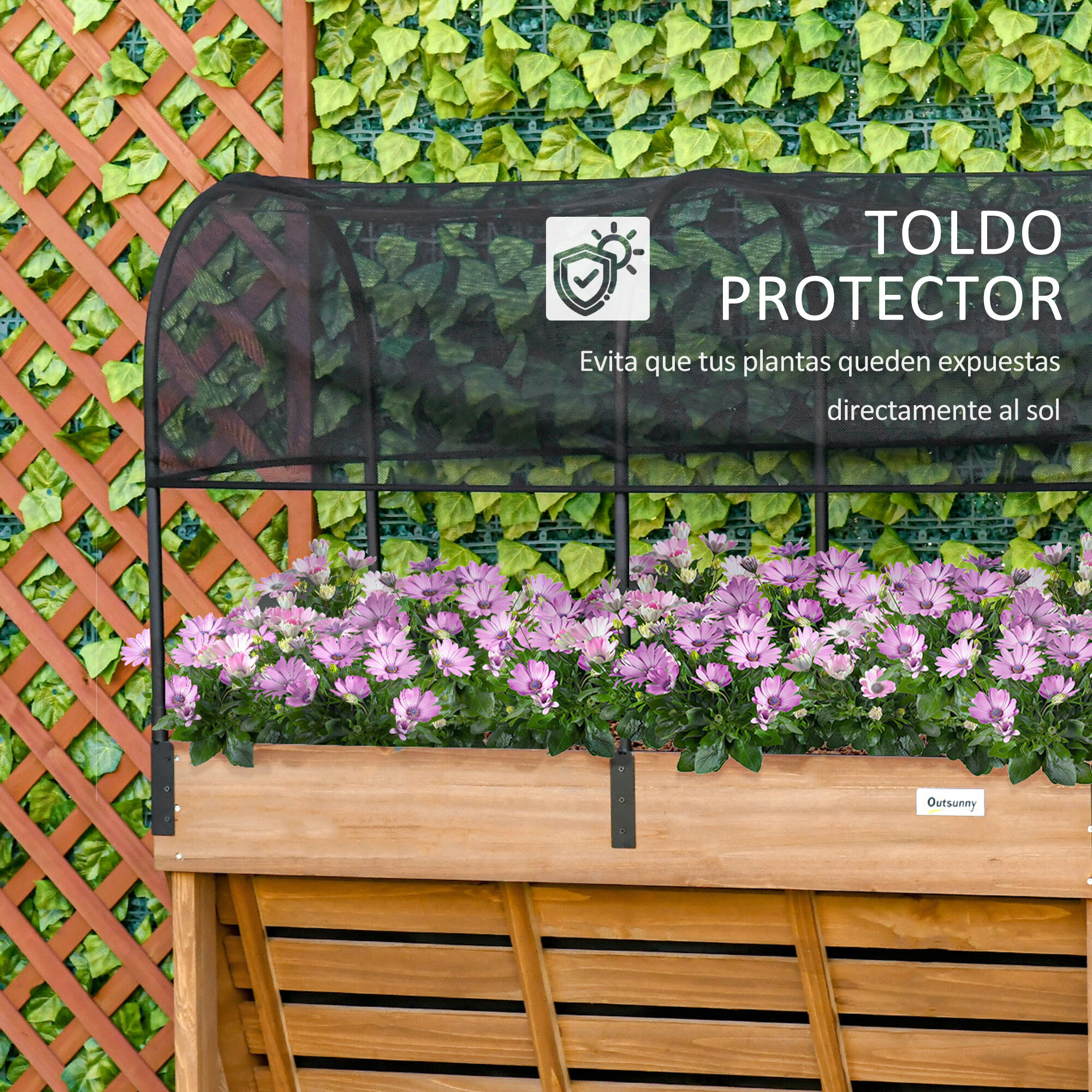 Outsunny Huerto Urbano Elevado de Madera 120x55x143 cm Mesa de Cultivo de Jard&iacute;n con Red de Sombra de Malla y Tela Geotextil para Cultivos Plantas Flores Natural, , large Imagen numero 5