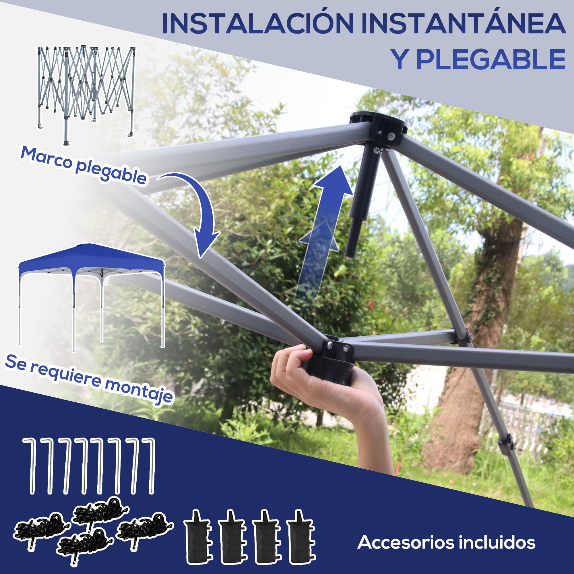 Outsunny Cenador Plegable 2,5x2,5x2,68 m Carpa de Jard&iacute;n Protecci&oacute;n UV 50+ Ajustable en Altura con 4 Bolsas de Arena y Bolsa de Transporte para Camping Fiestas Patio Azul, , large Imagen numero 5