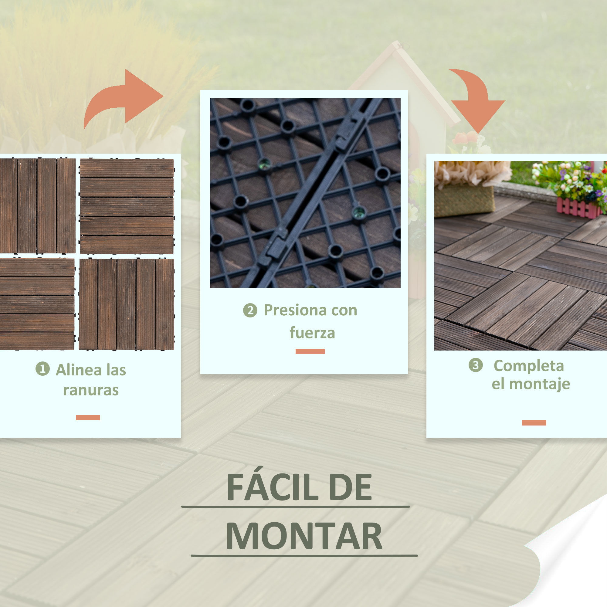 Outsunny Set de 27 Baldosas de Madera 30x30 cm con &Aacute;rea de 2,43 m&sup2; Losetas Sistema de Clic para Balc&oacute;n Terraza Jard&iacute;n Marr&oacute;n Oscuro, , large Imagen numero 5