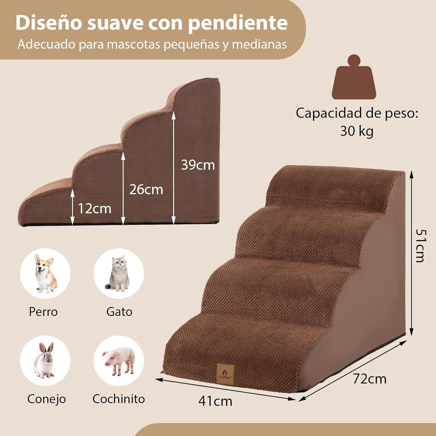 COSTWAY Rampa para Perros de Espuma de 4 Niveles, Escalera para Mascotas con Funda Lavable, Escala para Perros con Huellas de Silicona Pelda&ntilde;os Antideslizantes para Sof&aacute;s Altos (marr&oacute;n 4 escaleras), , large Imagen numero 5