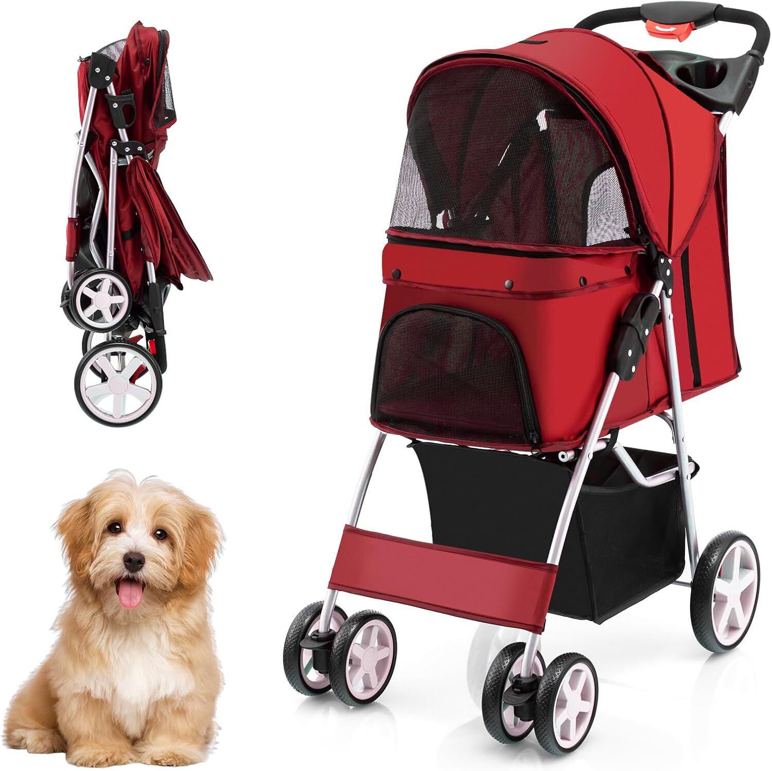 COSTWAY Cochecito para Mascotas Plegable, Cochecito de Mascotas de 4 Ruedas para Gatos/Perros, Carrito para Gatos con Cesta de Almacenamiento para Mascotas, Ventana de Malla, impermeable (Rojo), , large Imagen numero 1