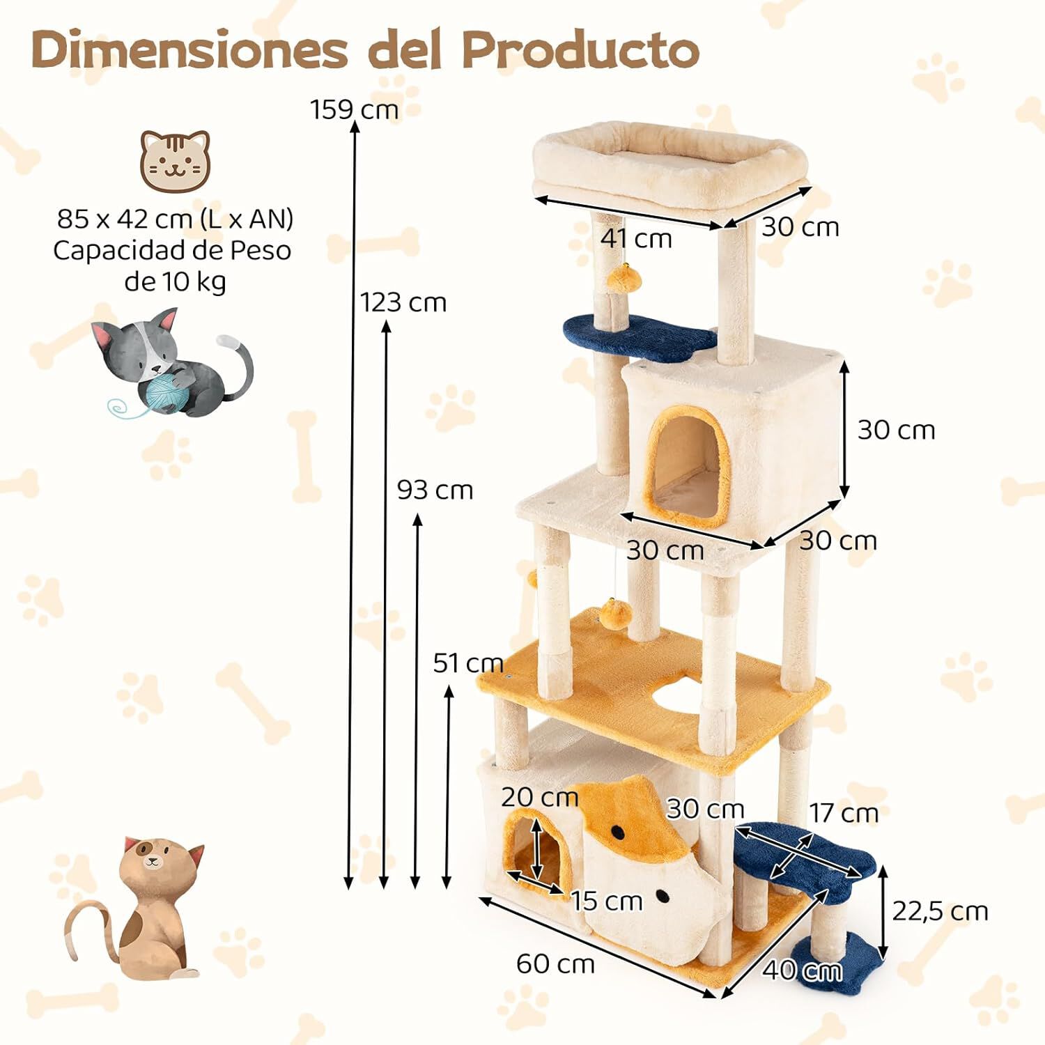 COSTWAY &Aacute;rbol Rascador para Gatos de 159cm, Torre Rascador Grande para Gatitos con 2 Condos, Percha de Peluche Extra&iacute;ble, Postes de Sisal, Vers&aacute;til Centro de Actividades para Hogar con Varios Gatos, , large Imagen numero 5