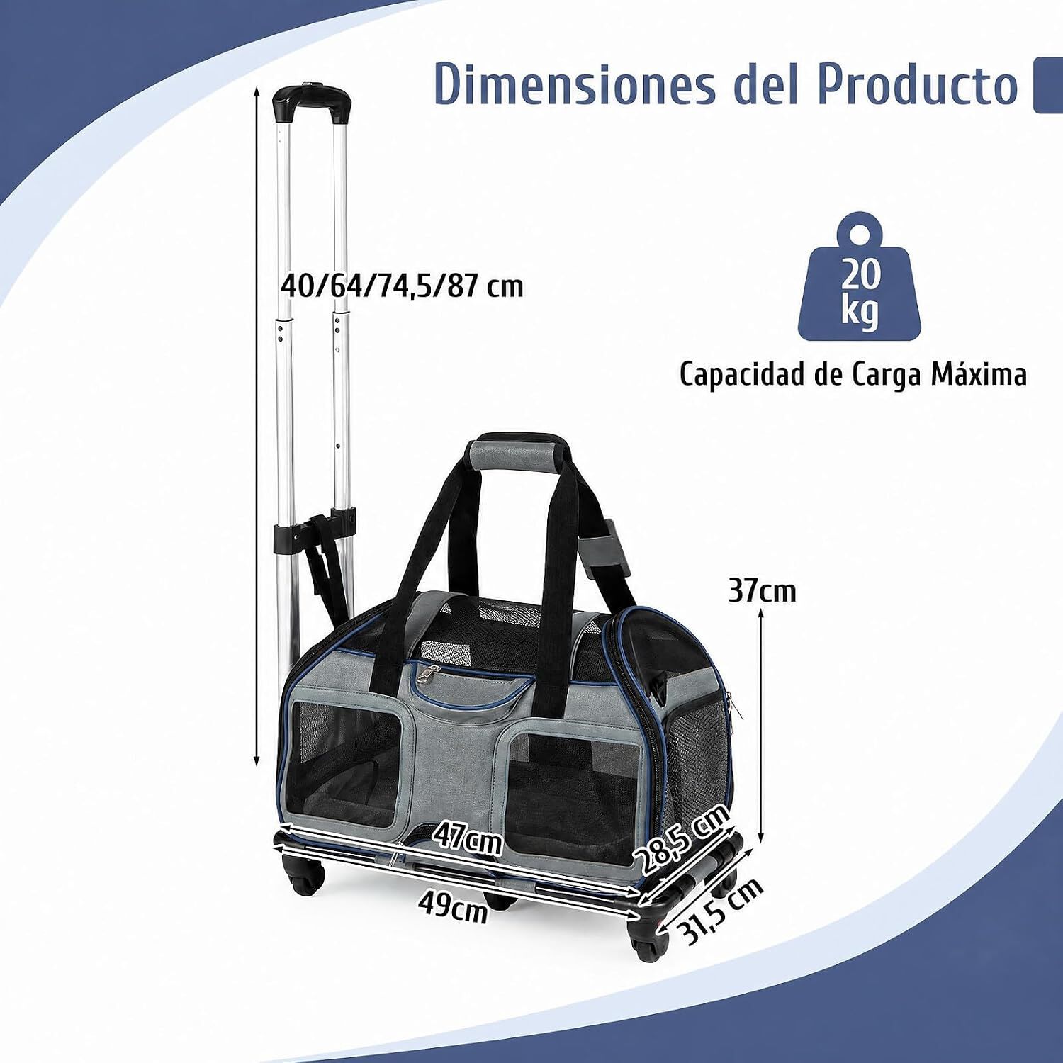COSTWAY Transport&iacute;n con Ruedas para Gatos con Mango Telesc&oacute;pico, Bolsa Transporte Plegable con Asa Acolchada, Entradas con Cremallera y Coj&iacute;n Extra&iacute;ble, Portador de Viaje para Mascotas, Gris Azul, , large Imagen numero 3
