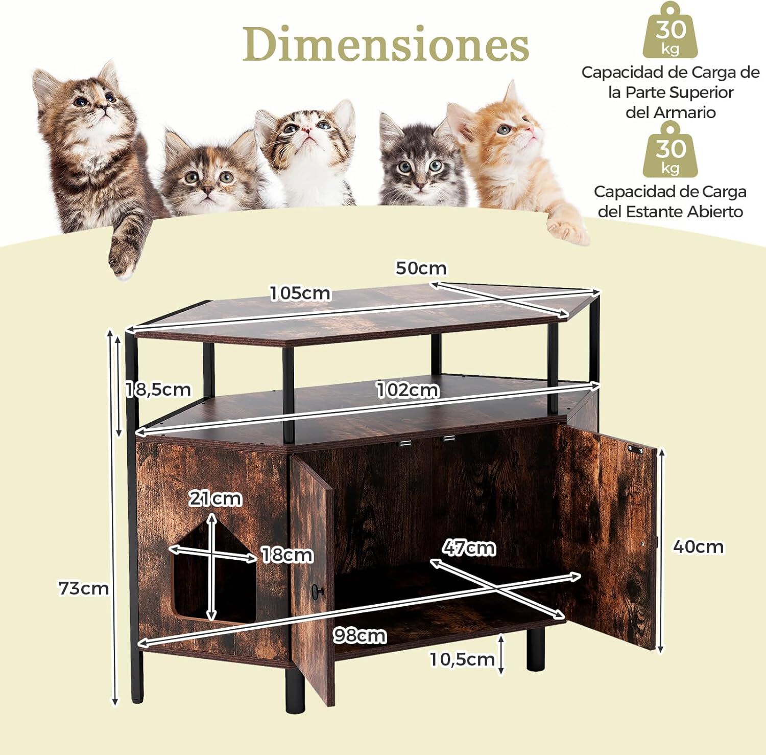 COSTWAY Mueble Arenero para Gatos, Casa Esquinera para Gatos de Madera con Estante Abierto, 2 Puertas, 2 Entradas y Patas de Metal, Casa de Ba&ntilde;o para Mascota, 105 x 50 x 73 cm (Marr&oacute;n), , large Imagen numero 2