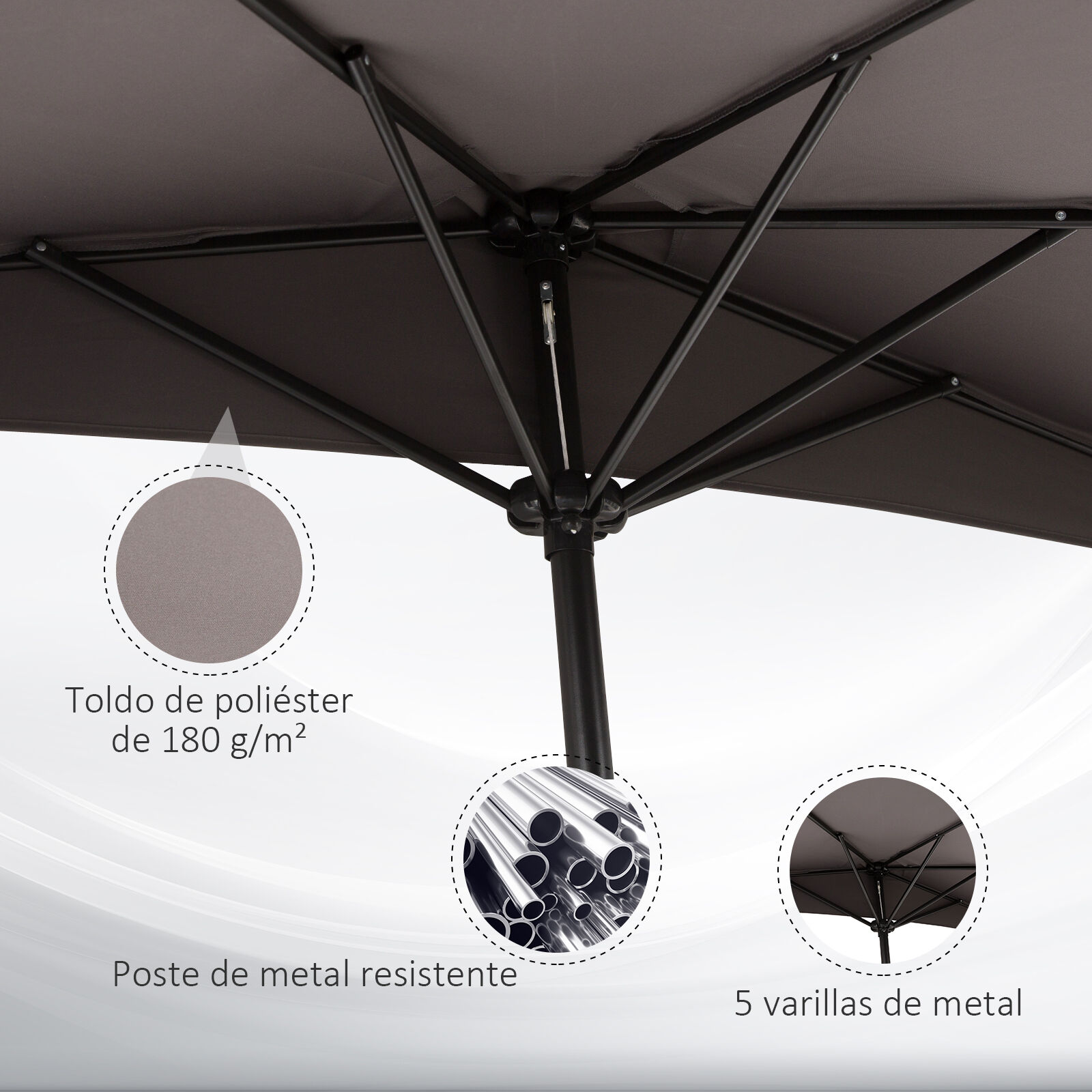 Outsunny Sombrilla 269x138x236 cm Parasol de Jard&iacute;n con Manivela y Forma Semicircular para Exterior Terraza Patio Piscina Gris, , large Imagen numero 5