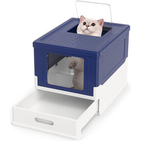 COSTWAY Arenero para Gatos Cubierto, Caja de Arena para Gatos Grande con Entrada Frontal y Salida Abatible, Bandeja Port&aacute;til, Caj&oacute;n, Arenero Cerrado Plegable para Gato, 50x38x37 cm (Azul + Blanco)