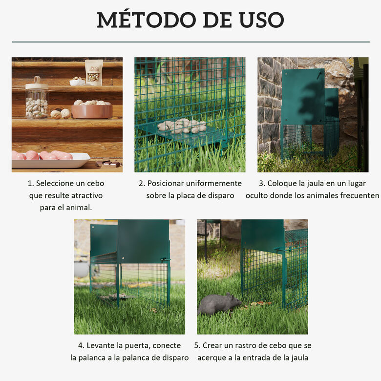 PawHut Trampa para Animales Vivos Jaula de Captura Metálica con 2 Puertas Asa para Conejos Visones Zorros Pequeños 100x25x28 cm Verde Oscuro thumbnail