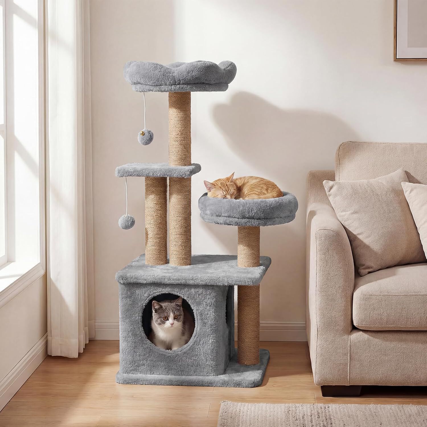 COSTWAY &Aacute;rbol Rascador para Gatos, Torre para Gatos con Percha Superior Acolchonada en Forma de Flor, Condominio y Cama, 2 Bolas Colgantes con Cascabel y Postes, Mueble Multinivel para Escalar (Gris), , large Imagen numero 2