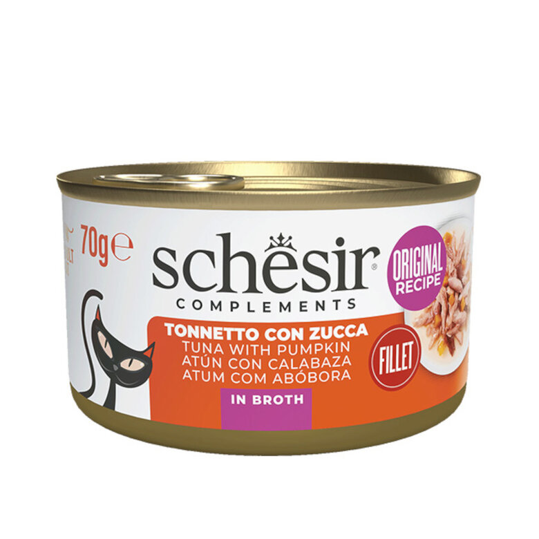 12 latas x 70 g Schesir Filete de Atún con Calabaza y Caldo de Pescado lata para gatos ¡Pack ahorro!