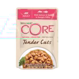 Wellness Core Tender Cuts salmón y atún sobre en salsa para gatos