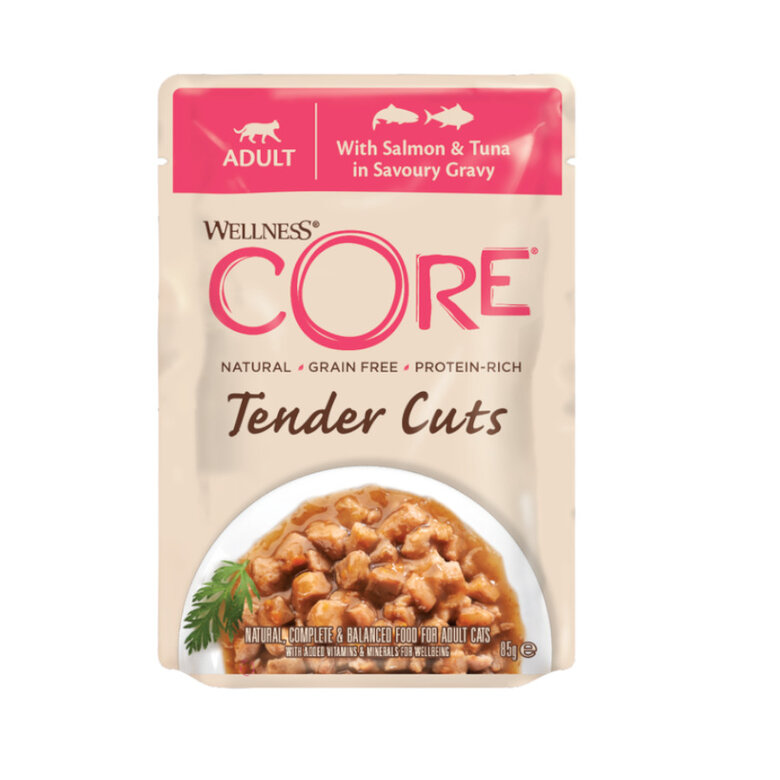 12 sobres x 85 g Wellness Core Tender Cuts salmón y atún sobre en salsa para gatos ¡Pack ahorro!