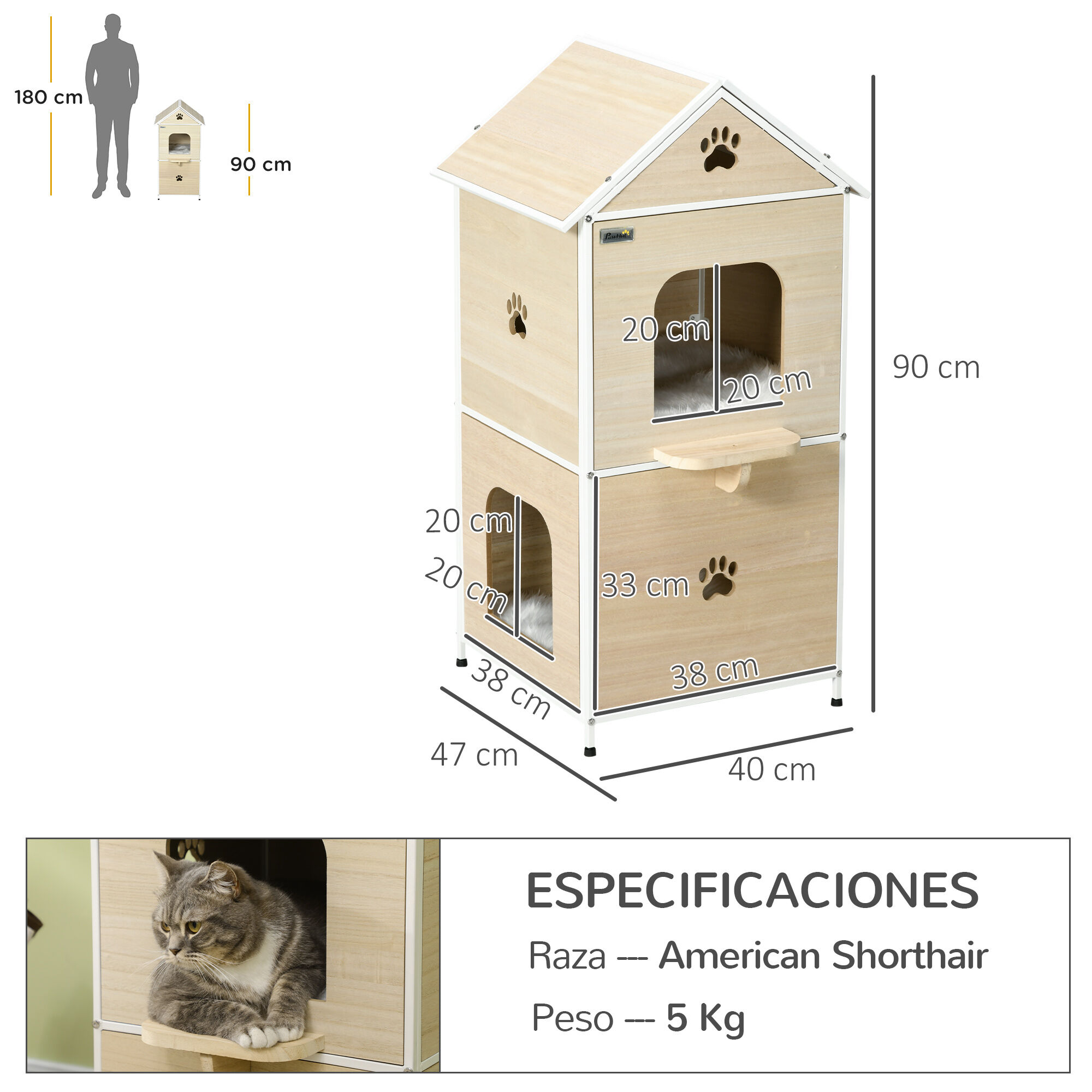 PawHut Casa para Gatos Madera Natural, , large Imagen numero 3