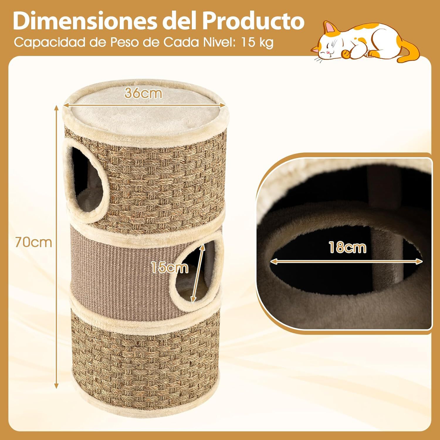 COSTWAY Barril Rascador para Gatos de 3 Pisos, 70 cm Torre para Gatos con Poste Rascado de Sisal con Cama Acolchada, &Aacute;rbol Rascador para Gato en Forma de Barril, Casa para Gatitos de Interior, , large Imagen numero 5